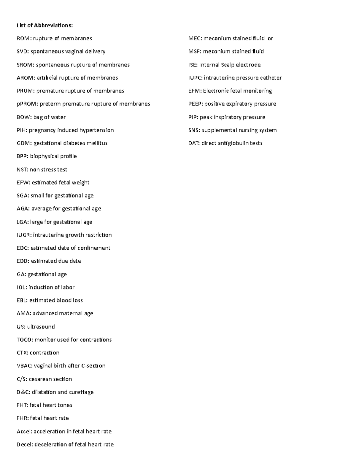 List of Abbreviations Maternity NUR 1210C SJRstate Studocu