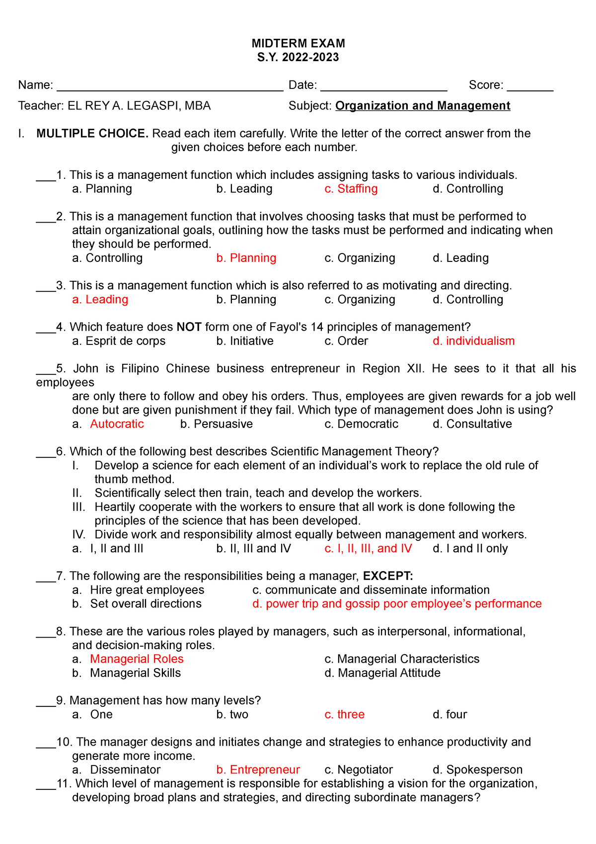 Midterm Organization And Management Exam - MIDTERM EXAM S. 2022- Name ...