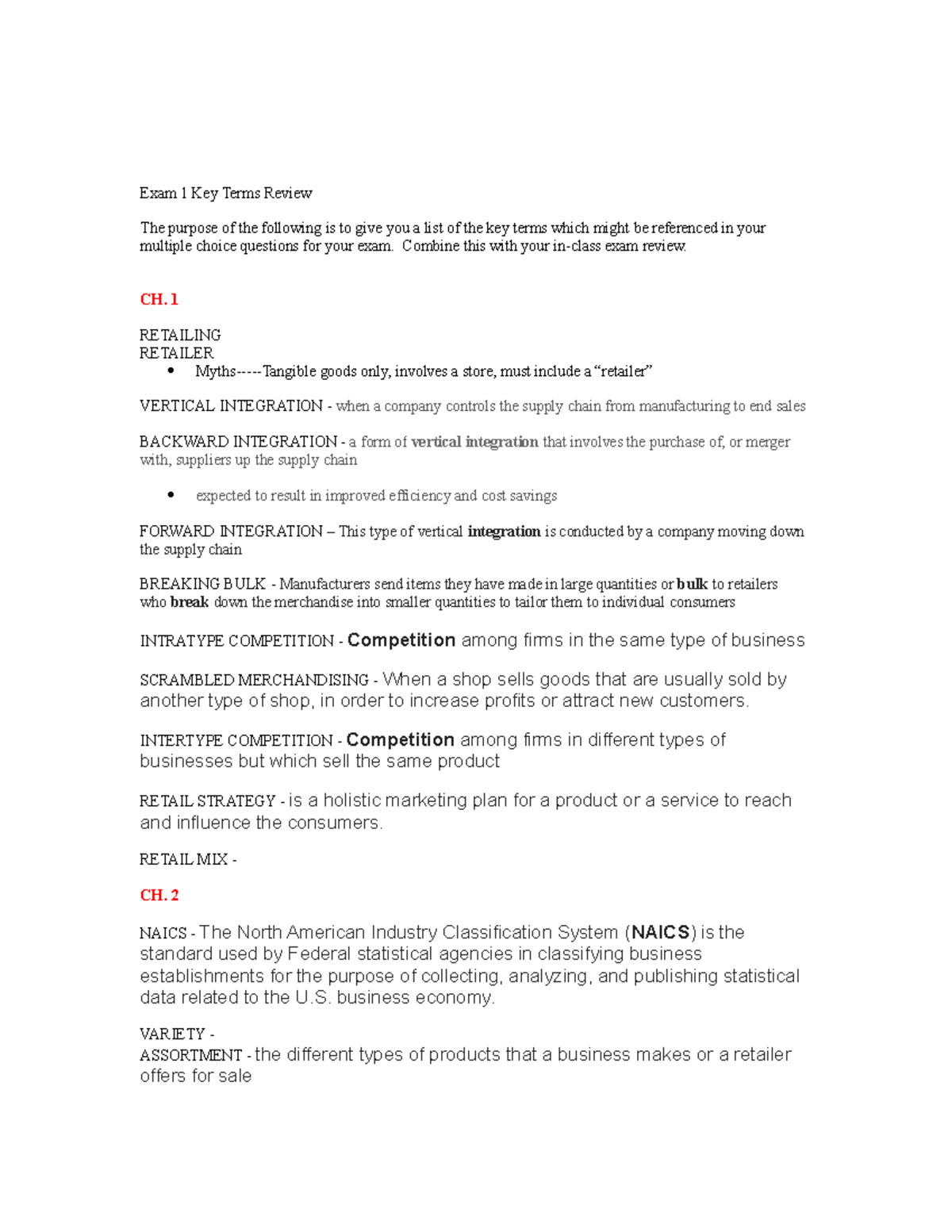 Retailing exam 1 review - Exam 1 Key Terms Review The purpose of the ...