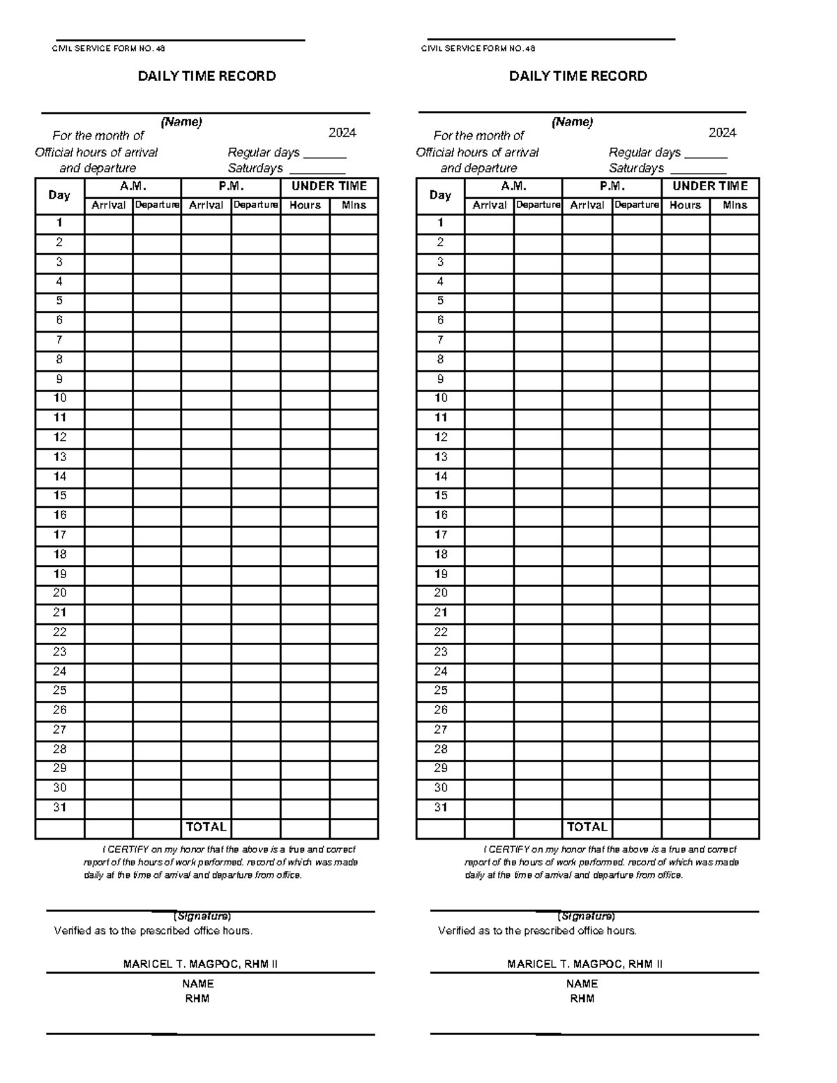 Daily TIME Record - Day A. P. UNDER TIME Arrival Departure Arrival ...