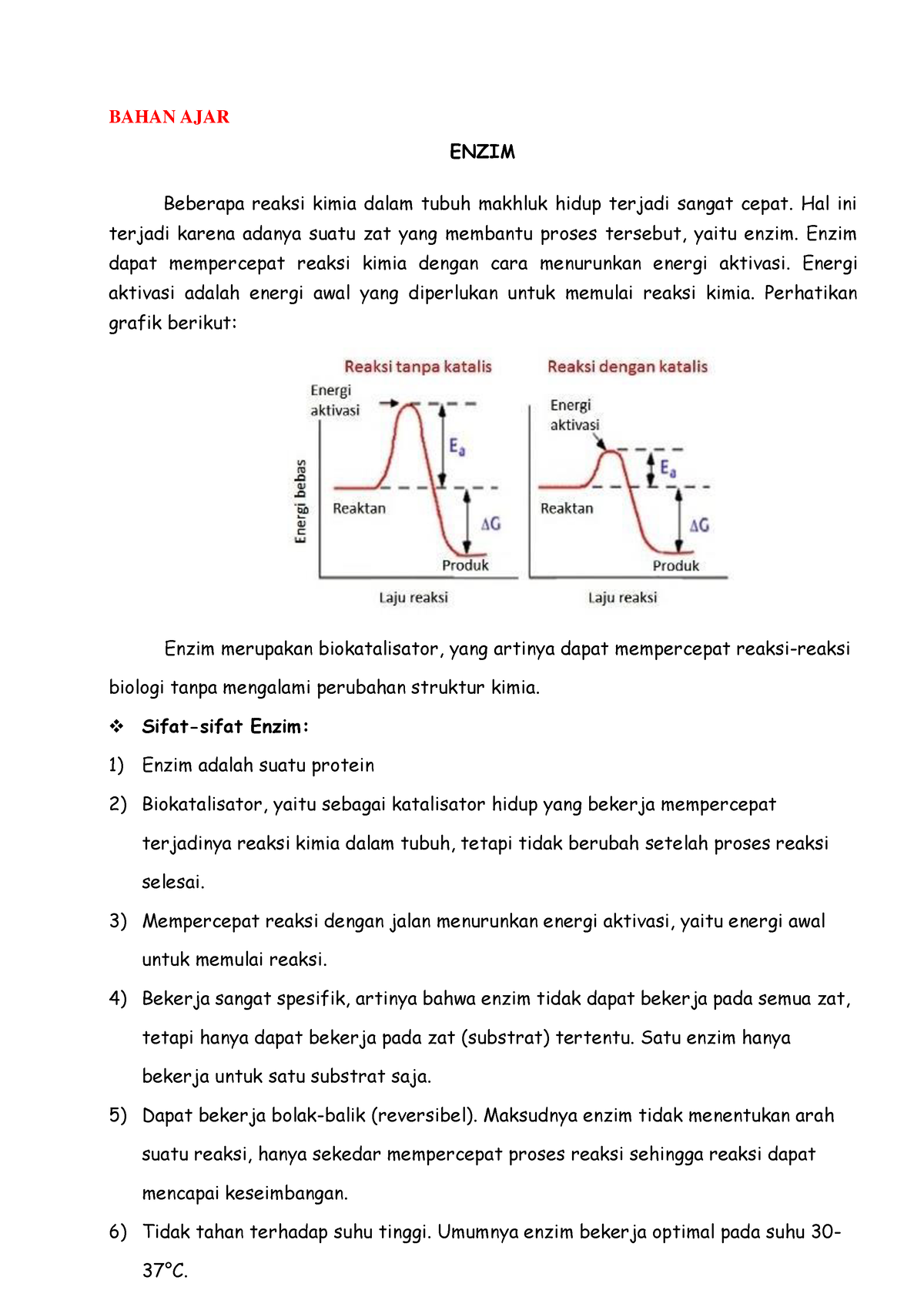 Bahan Ajar Enzim Bahan Ajar Enzim Beberapa Reaksi Kimia Dalam Tubuh