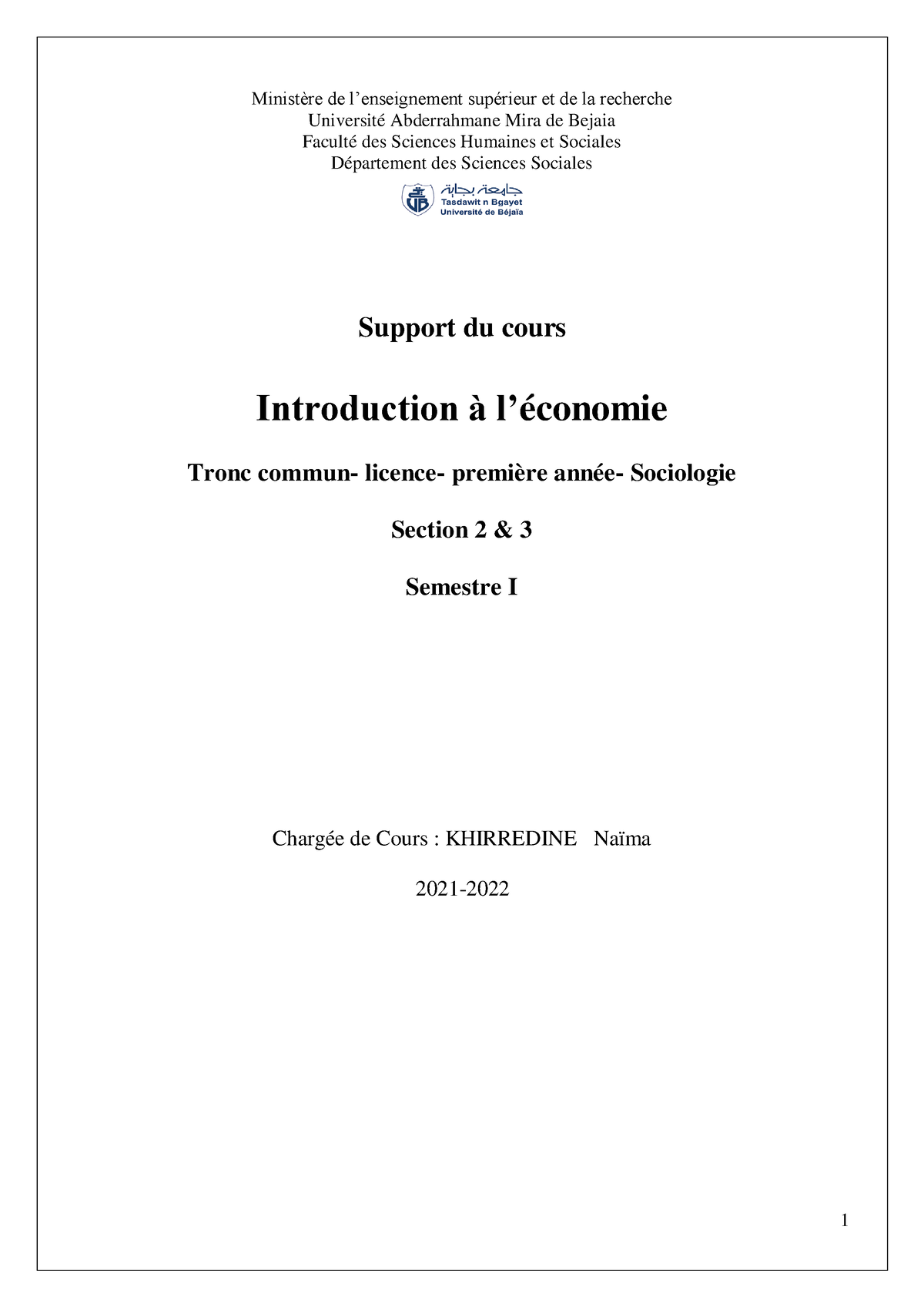 Cours Introduction à L Economie L1 - Ministère De L’enseignement ...