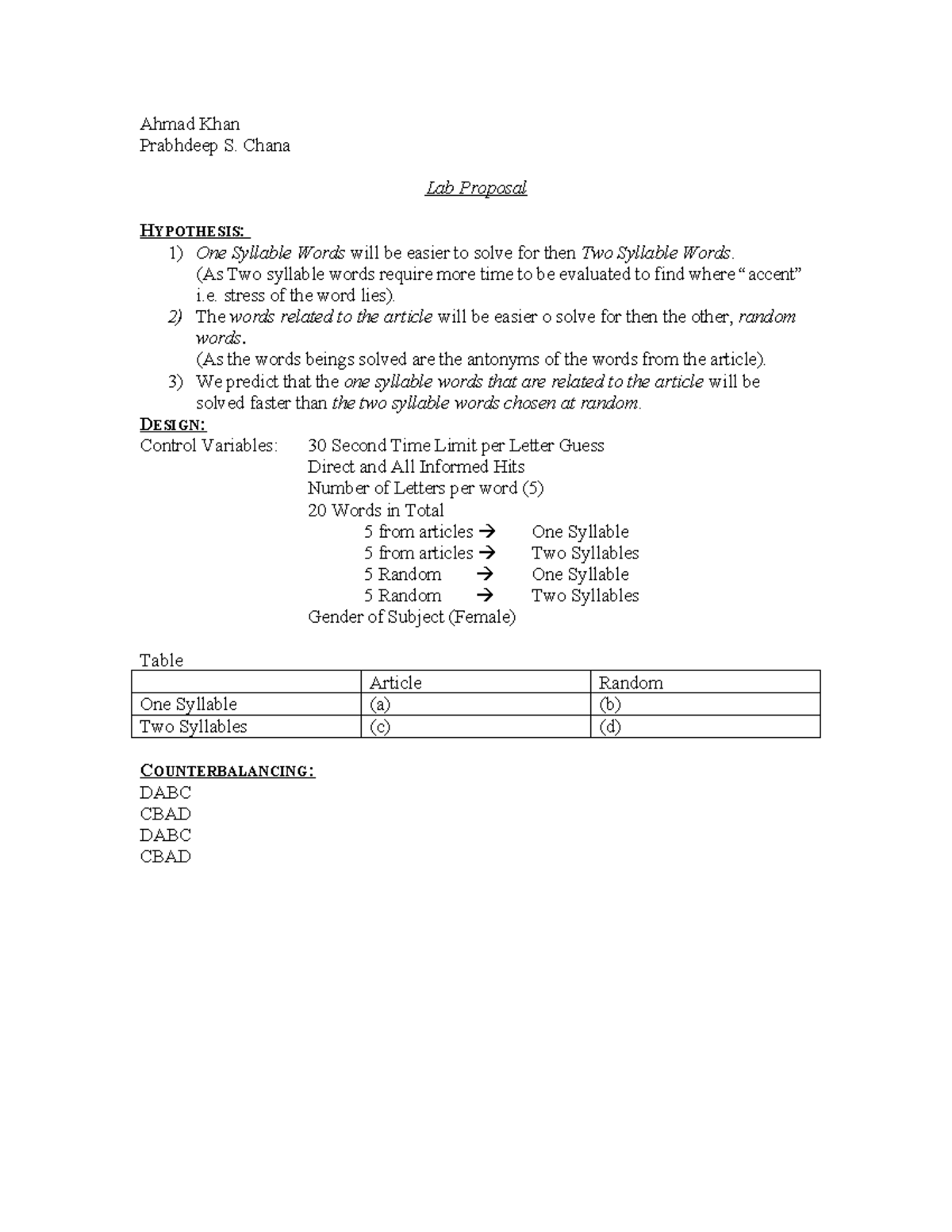 Lab Proposal - lap report - Ahmad Khan Prabhdeep S. Chana Lab Proposal ...