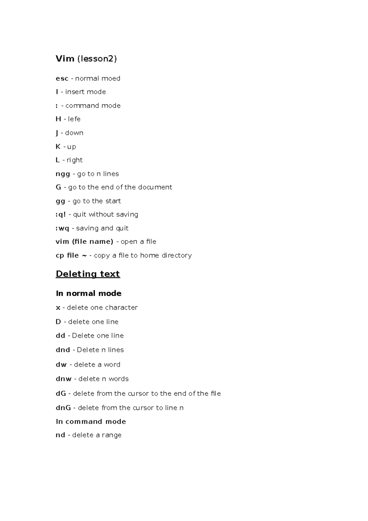  system notes Vim (lesson2) esc normal moed I insert mode