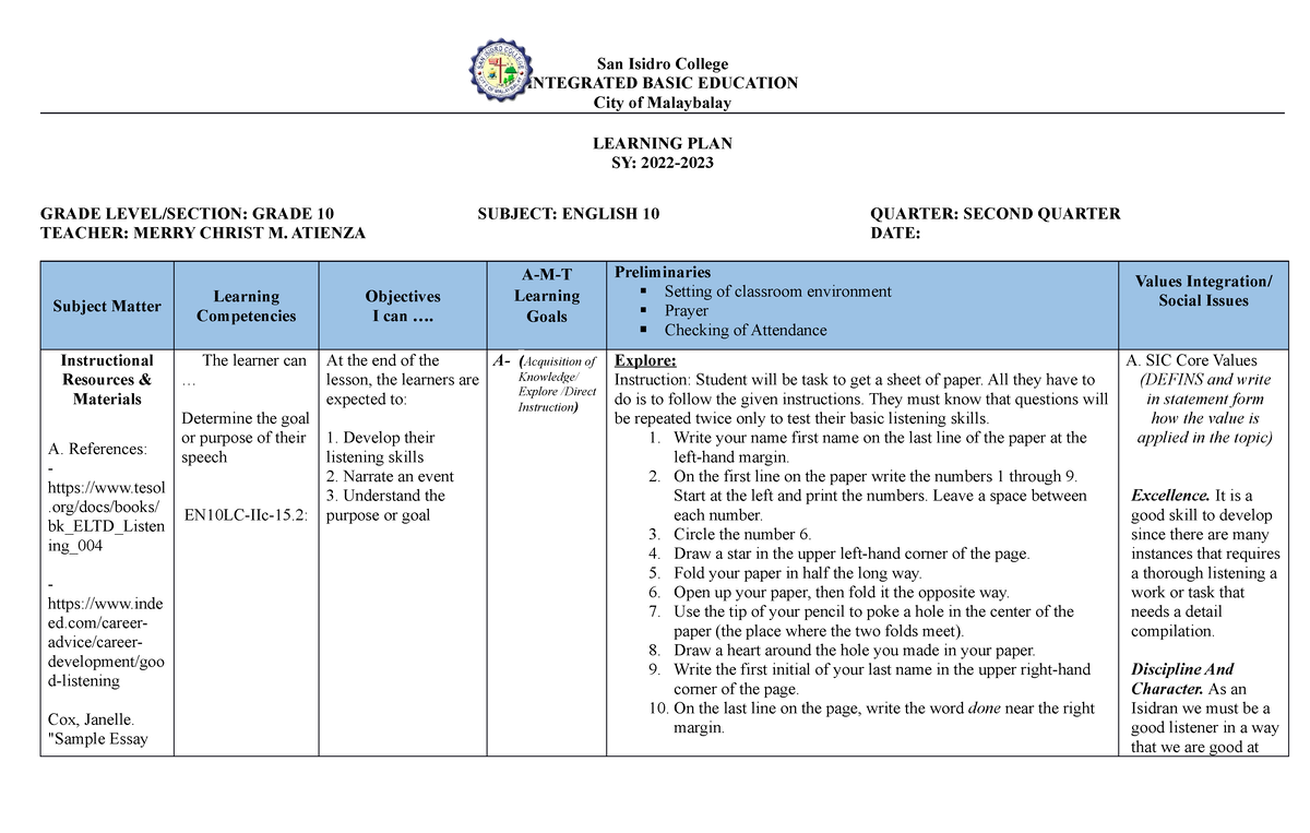 ENG Lesson 2 - San Isidro College INTEGRATED BASIC EDUCATION City of ...