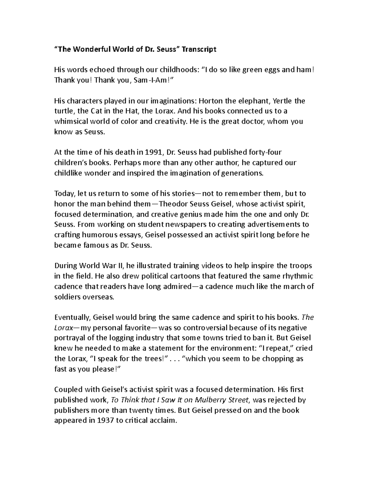 Commemorative Speech example The Wonderful World Of Dr Seuss