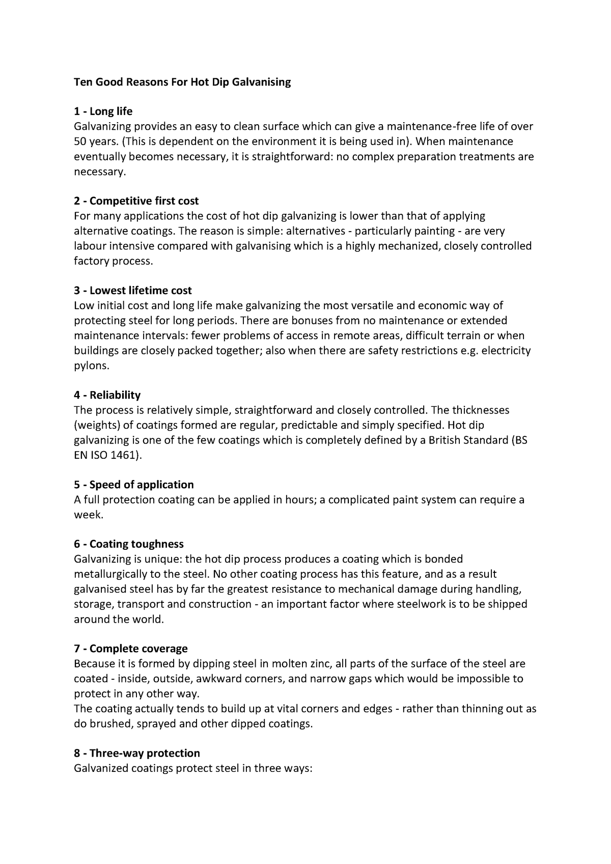 Assignment 3 - N/a - Ten Good Reasons For Hot Dip Galvanising 1 - Long ...