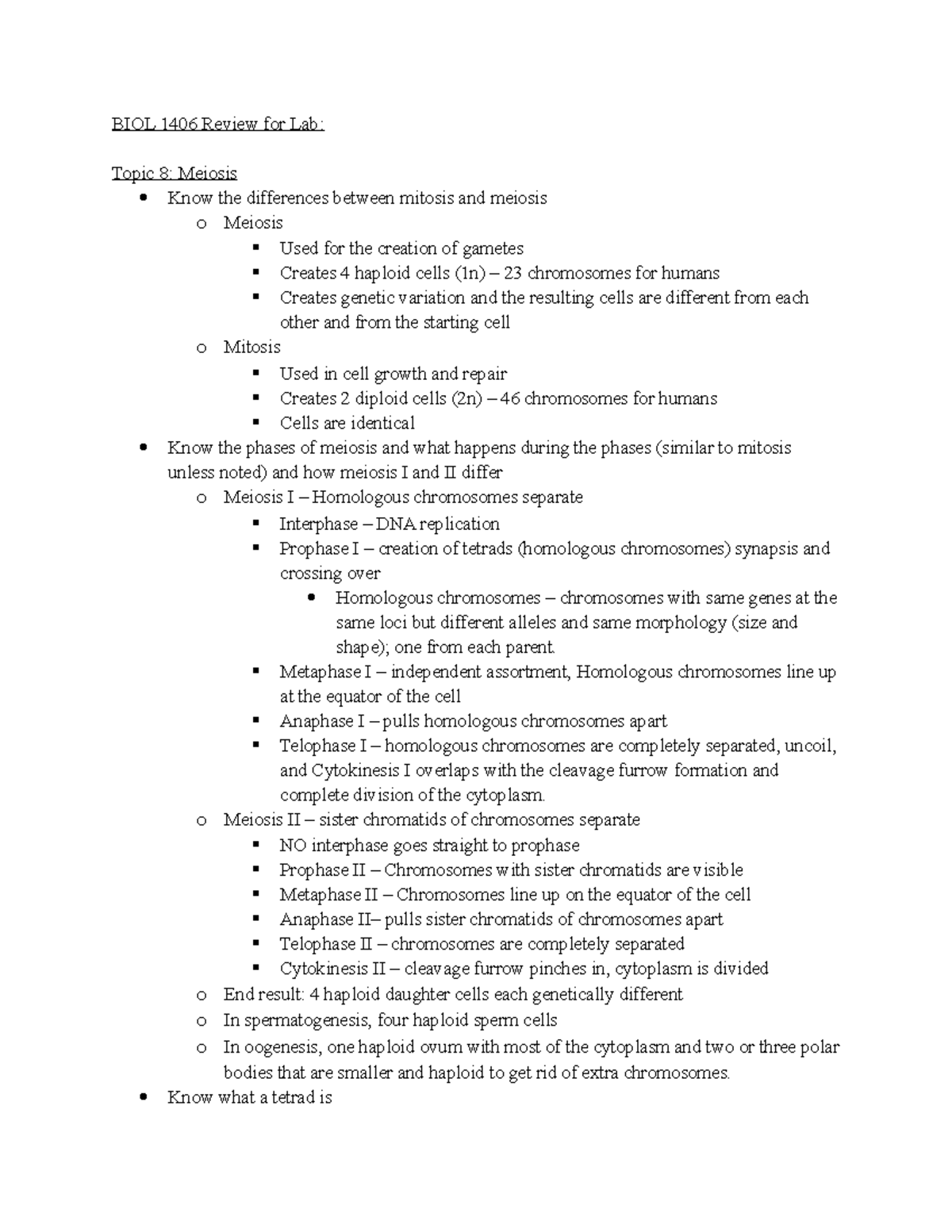 BIOL 1406 Lab Review for Topic 8 Meiosis (4) - BIOL 1406 Review for Lab ...