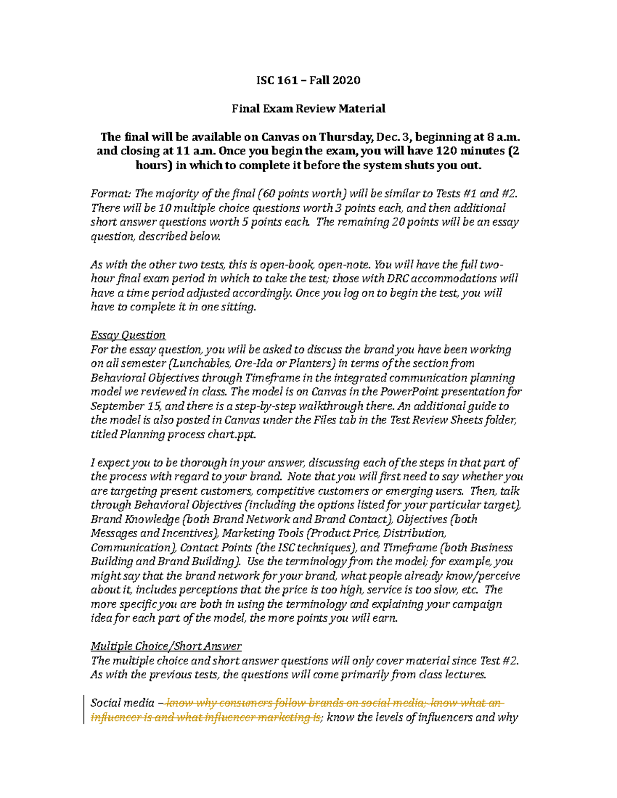 ISC 161 Fall 2020 Final Exam Review Material - Studocu