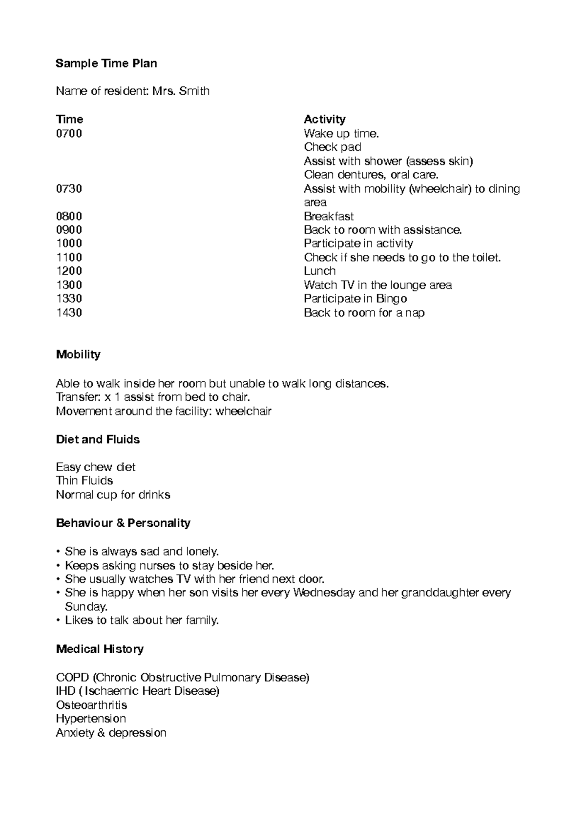 Sample Time Plan - Time plan - Sample Time Plan Name of resident: Mrs ...