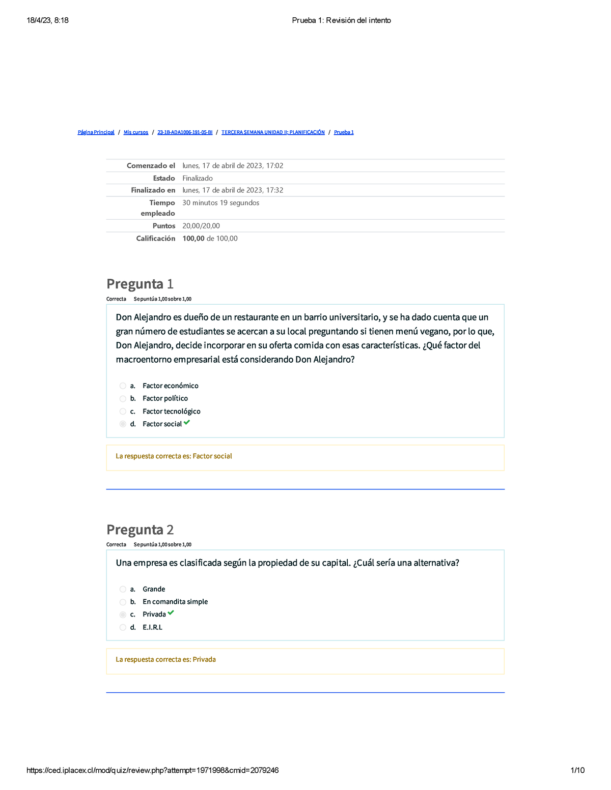 Prueba 1 Revisión Del Intento - Página Principal / Mis Cursos / 23-1B ...