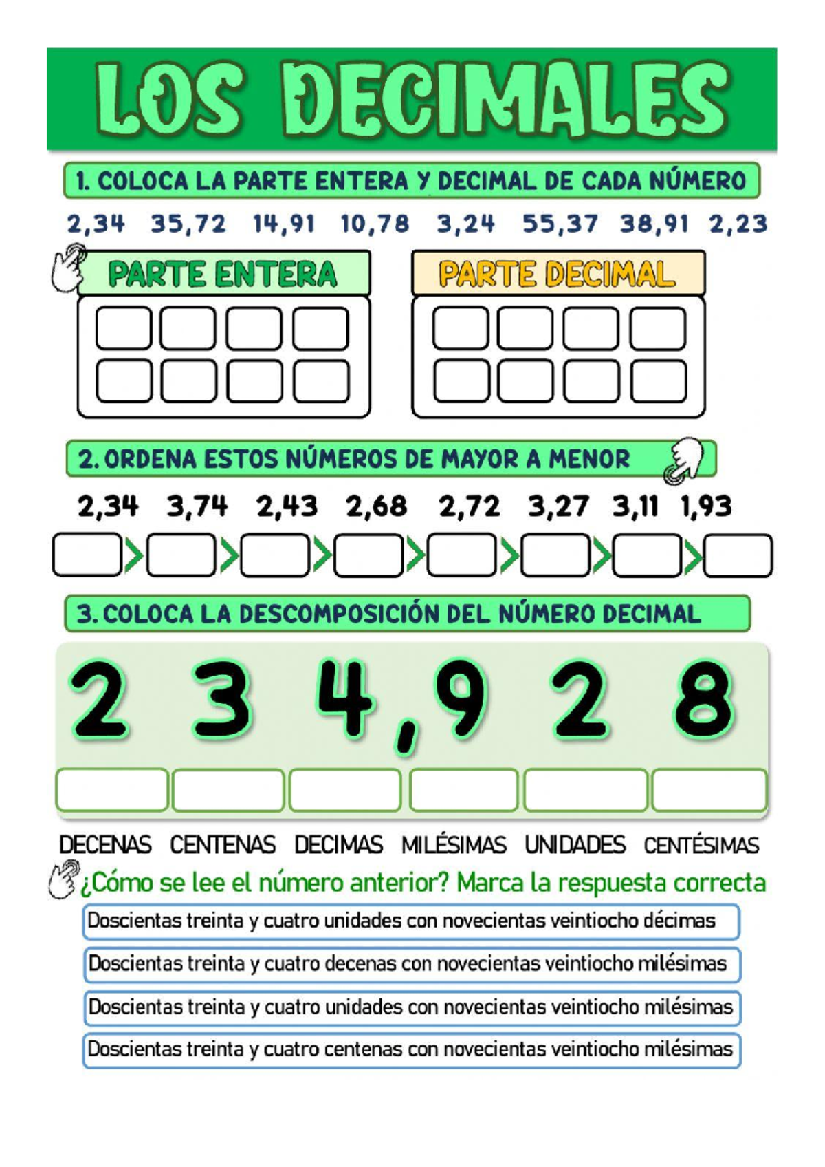 Document (33) - MATE - LOS DECIMALES 1. COLOCA LA PARTE ENTERA y ...