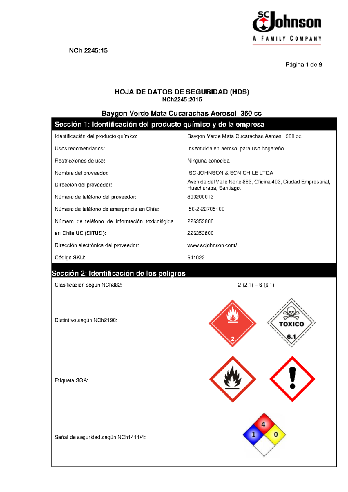 Ficha de datos de seguridad del baigon Página 1 de 9 HOJA DE DATOS DE