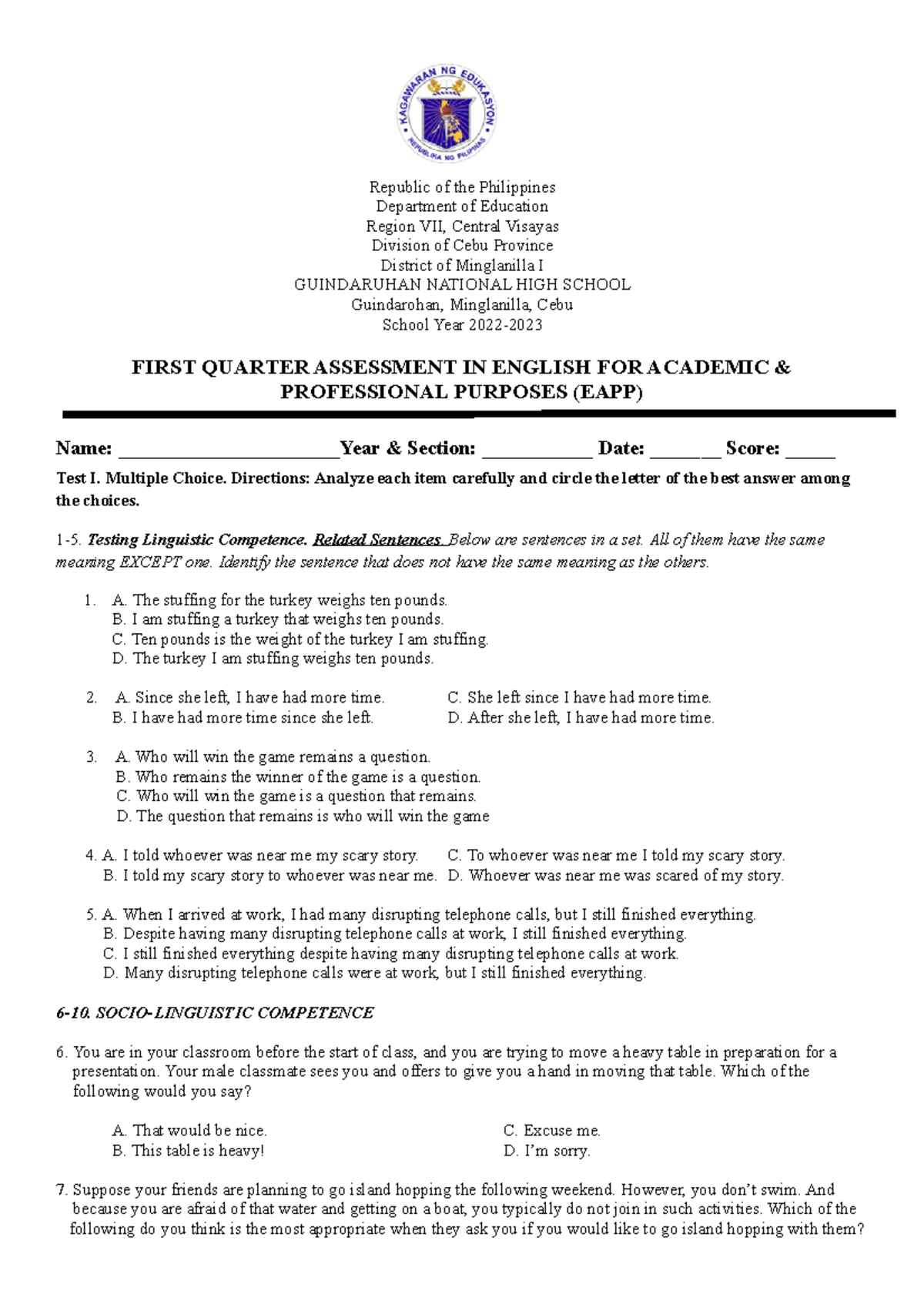 1st Quarter Assessment Republic Of The Philippines Department Of Education Region Vii Central 9315