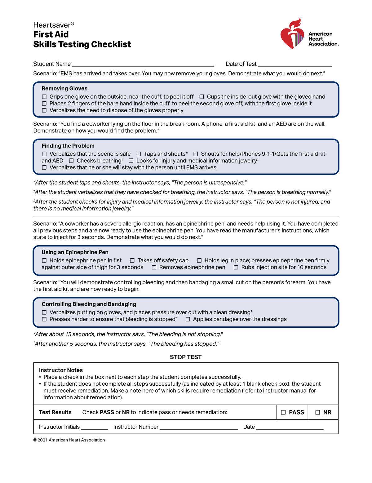 Heartsaver First Aid Skills Testing Checklist Heartsaver® First Aid Skills Testing Checklist