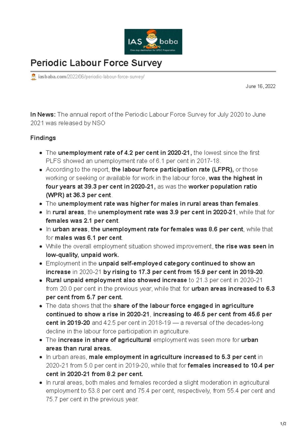 Iasbaba.com-Periodic Labour Force Survey - 1/ June 16, 2022 Periodic ...