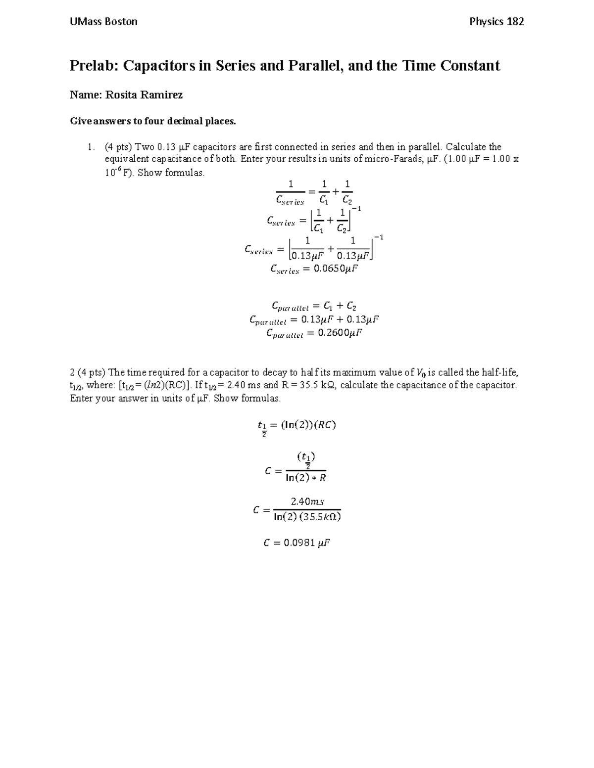 Capacitors Prelab UMass Boston Physics 182 Prelab Capacitors in
