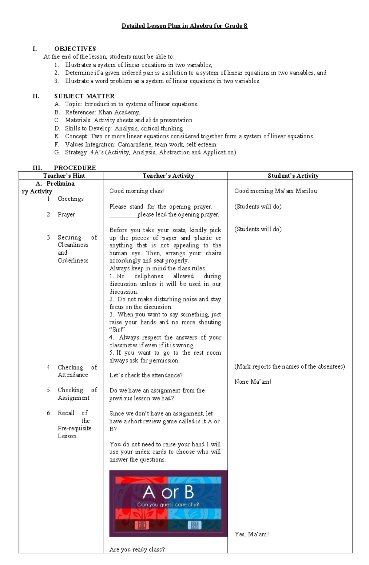Detailed Lesson Plan - script - Detailed Lesson Plan in Algebra for ...
