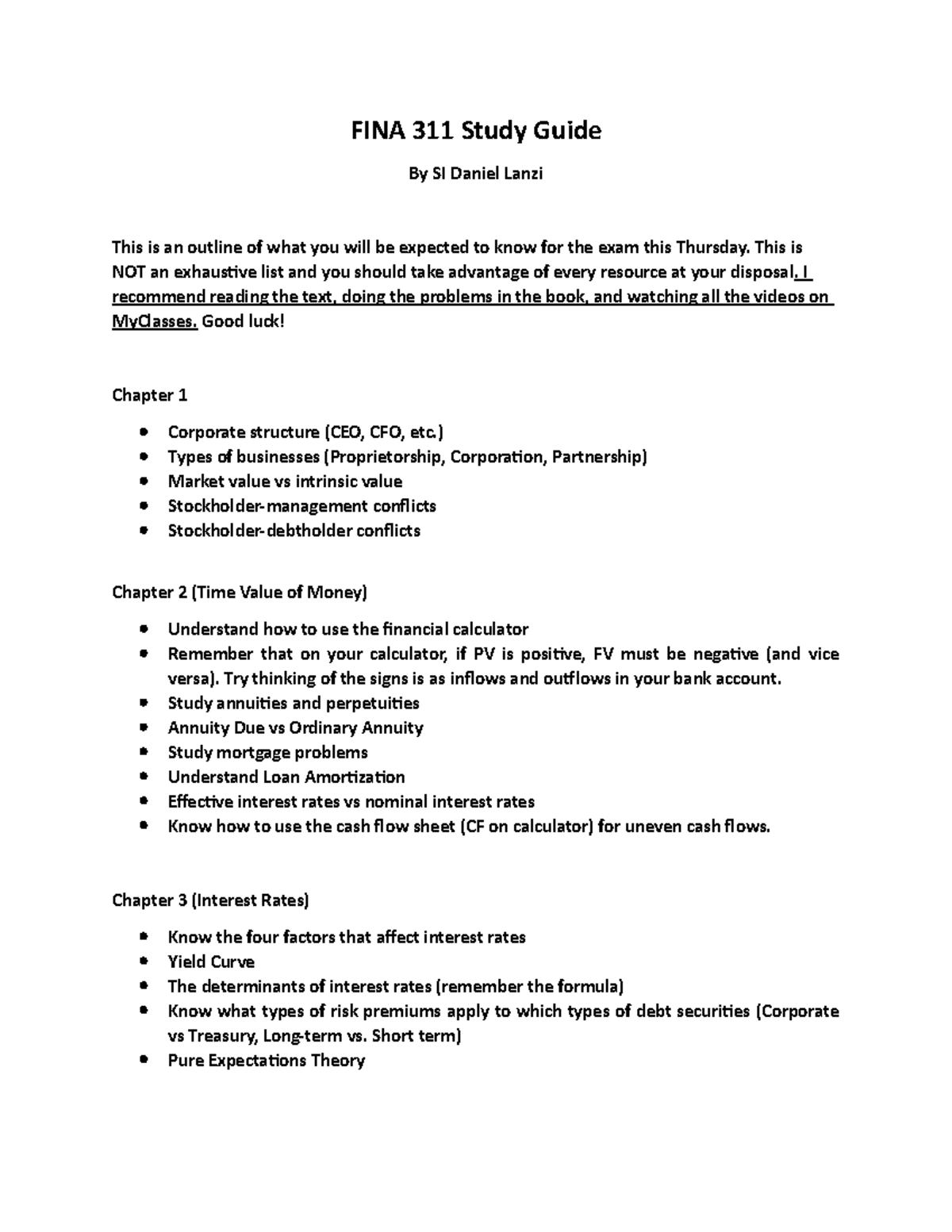 Exam 1 Study Guide - An outline for the first exam. - FINA 311 Study ...