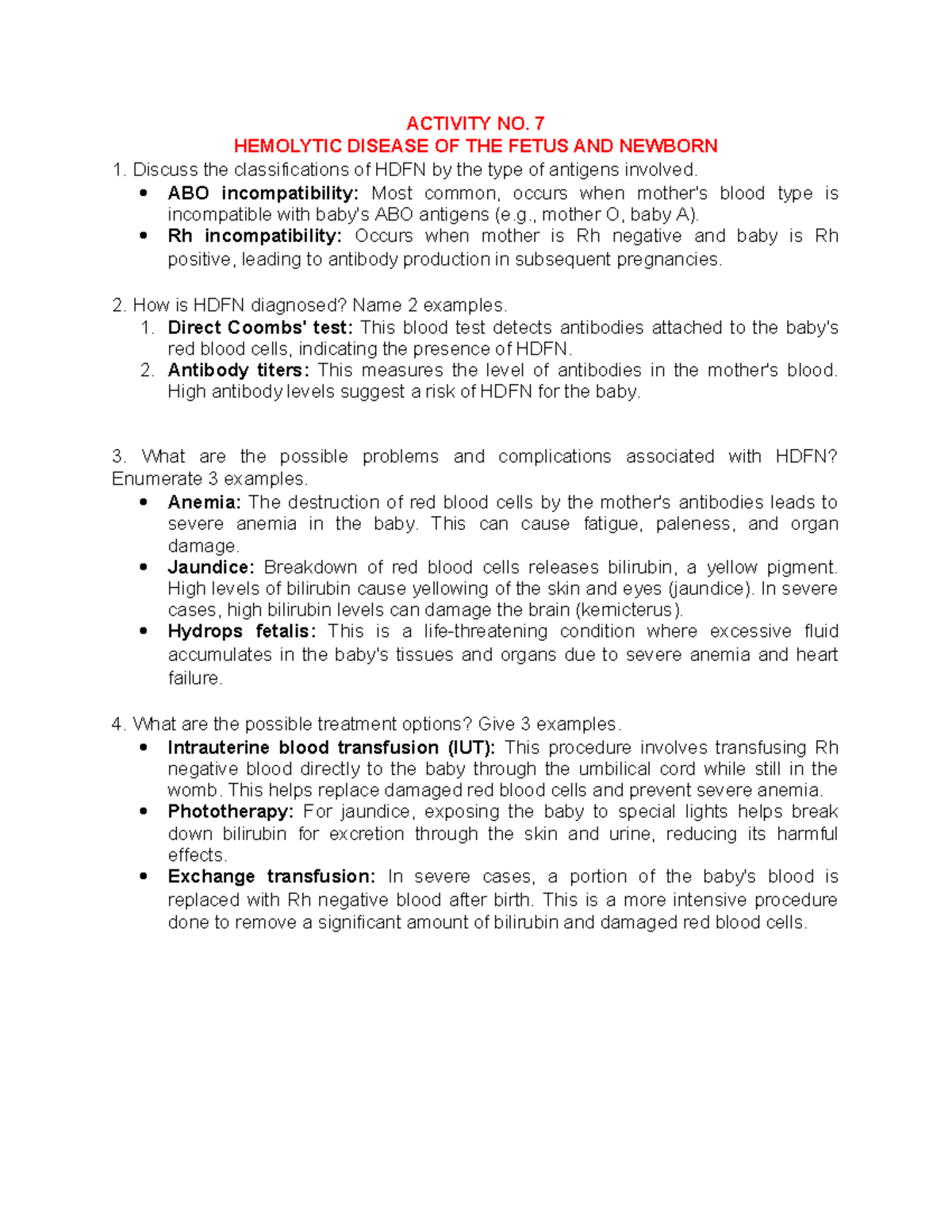 HDFN - Act. 7 #1 - ACTIVITY NO. 7 HEMOLYTIC DISEASE OF THE FETUS AND ...
