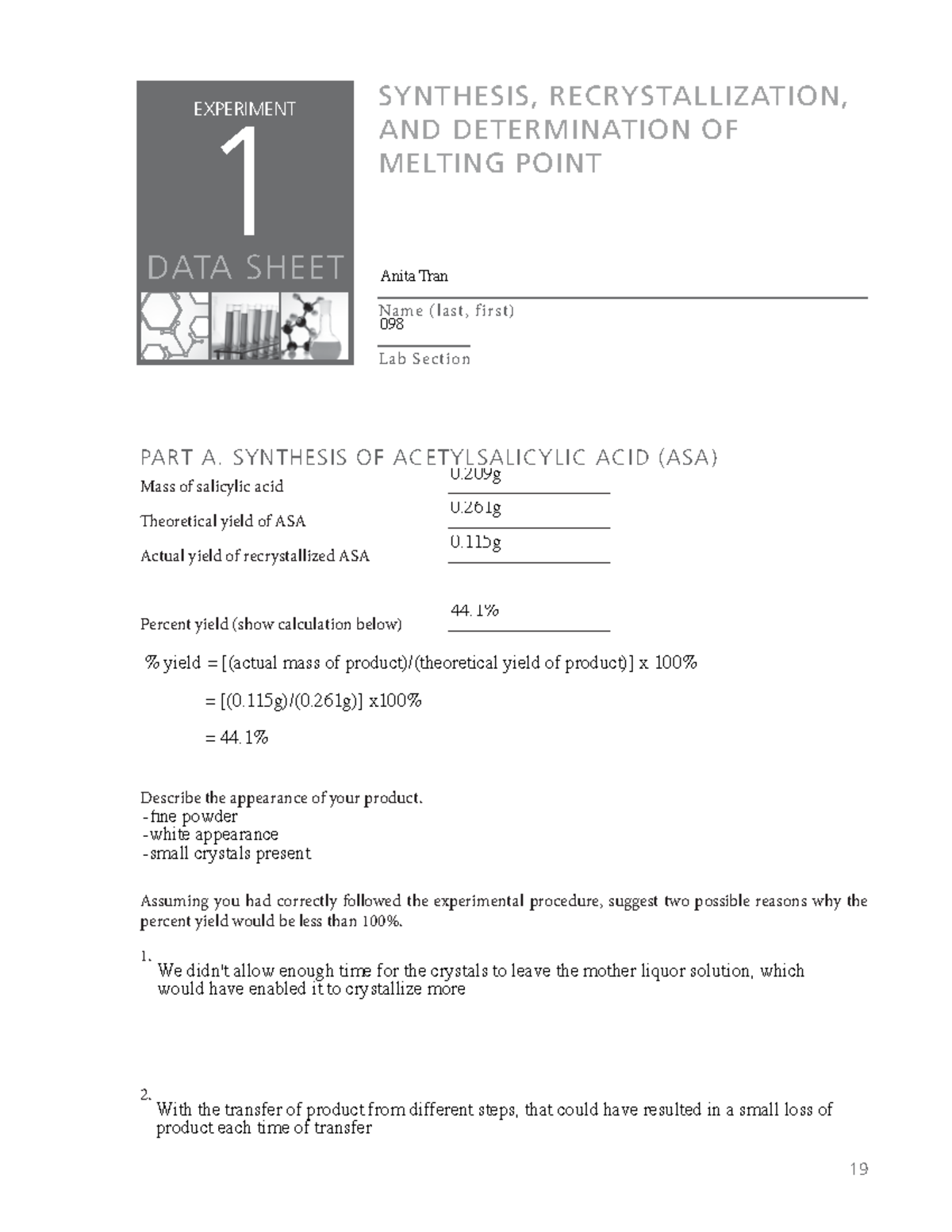 Lab 1: SYNTHESIS, RECRYSTALLIZATION, AND DETERMINATION OF MELTING POINT ...