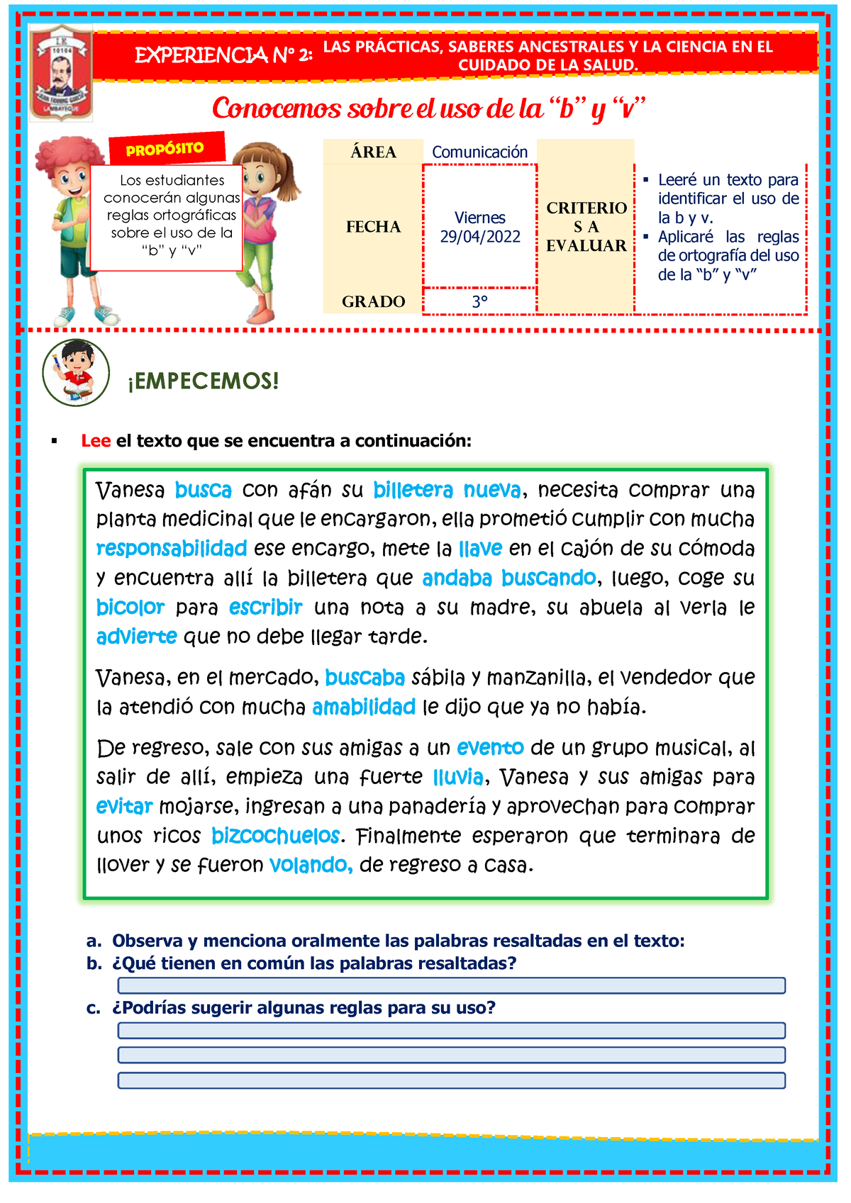 USO DE LA B Y V Para Niños - **LAS PRÁCTICAS, SABERES ANCESTRALES Y LA ...