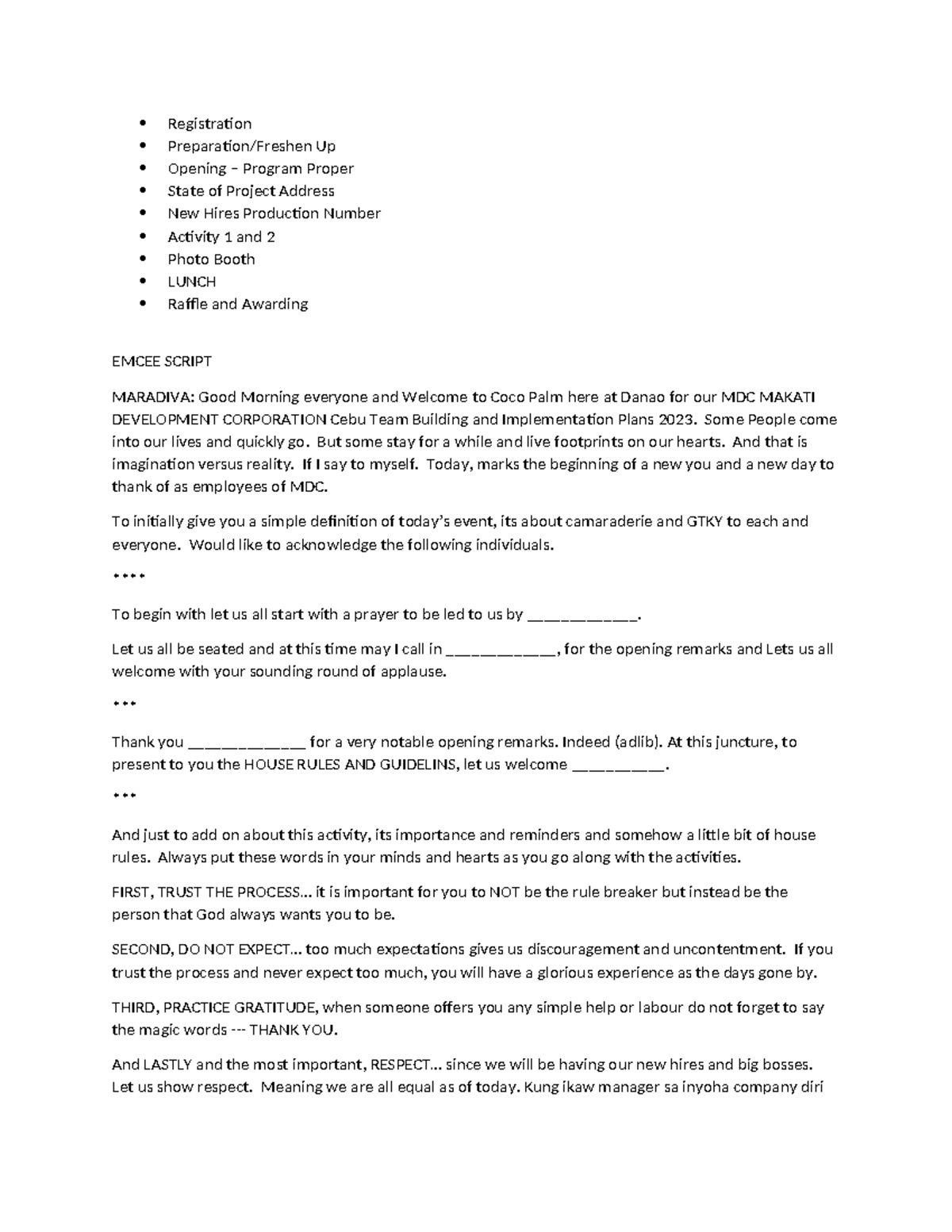 Team Building - script - Registration Preparation/Freshen Up Opening ...