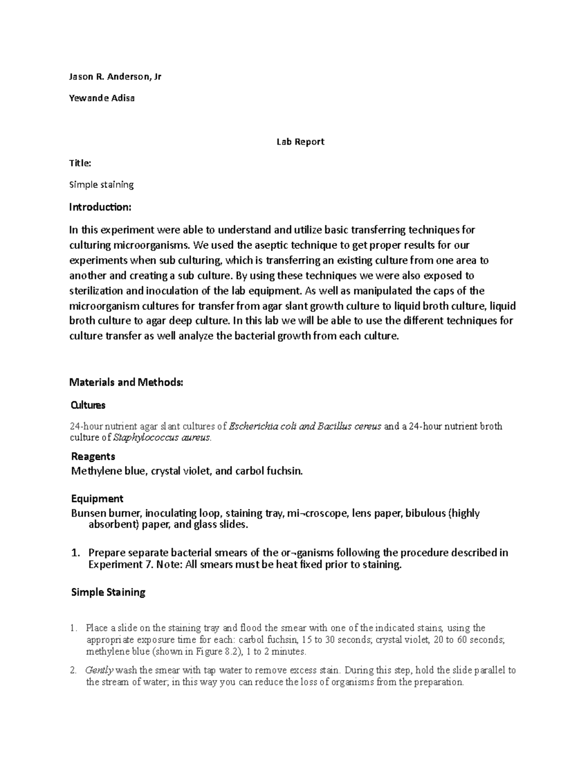 Micro lab 7 Simple Stain Jason R. Anderson, Jr Yewande Adisa Lab