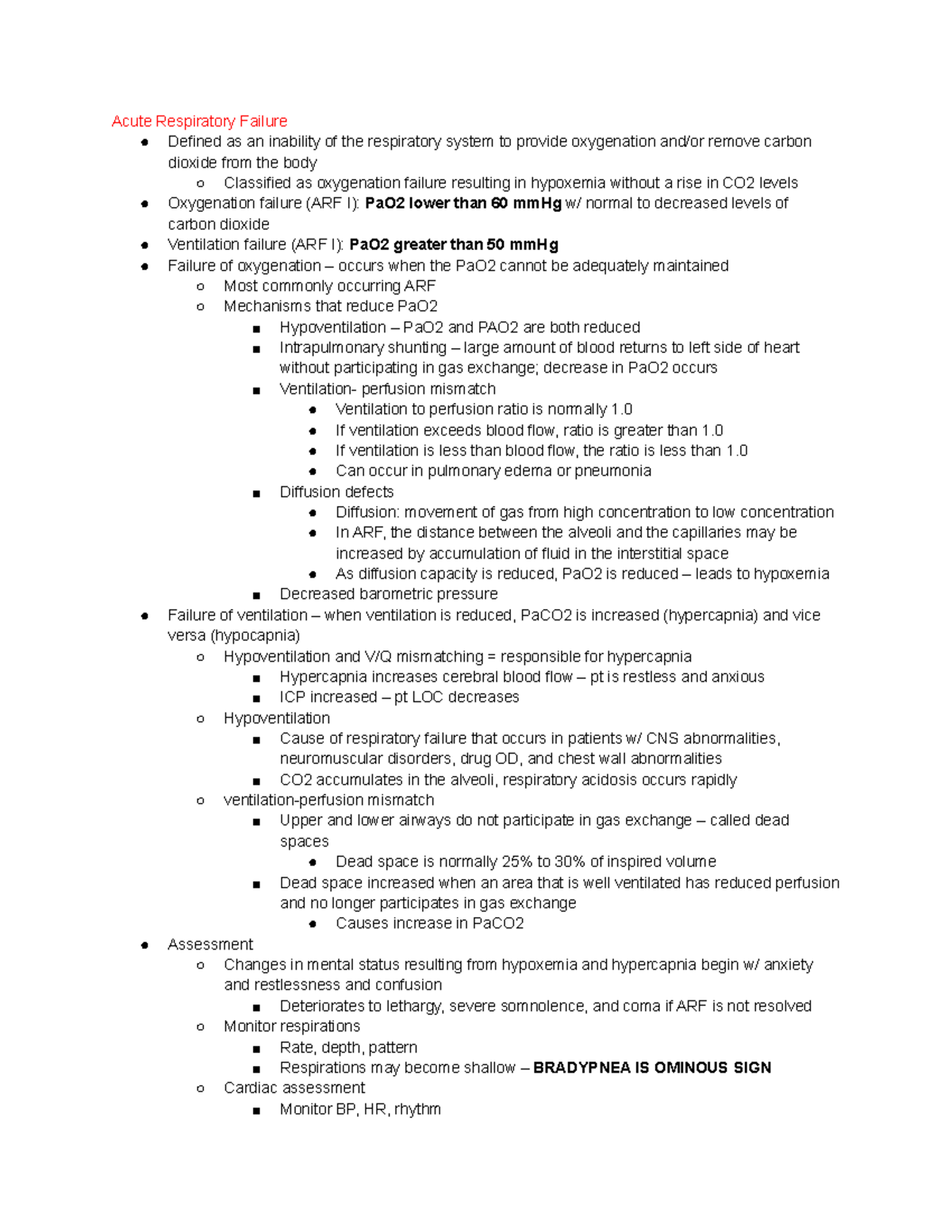 Quiz 4 - Acute Respiratory Failure Notes - Acute Respiratory Failure ...