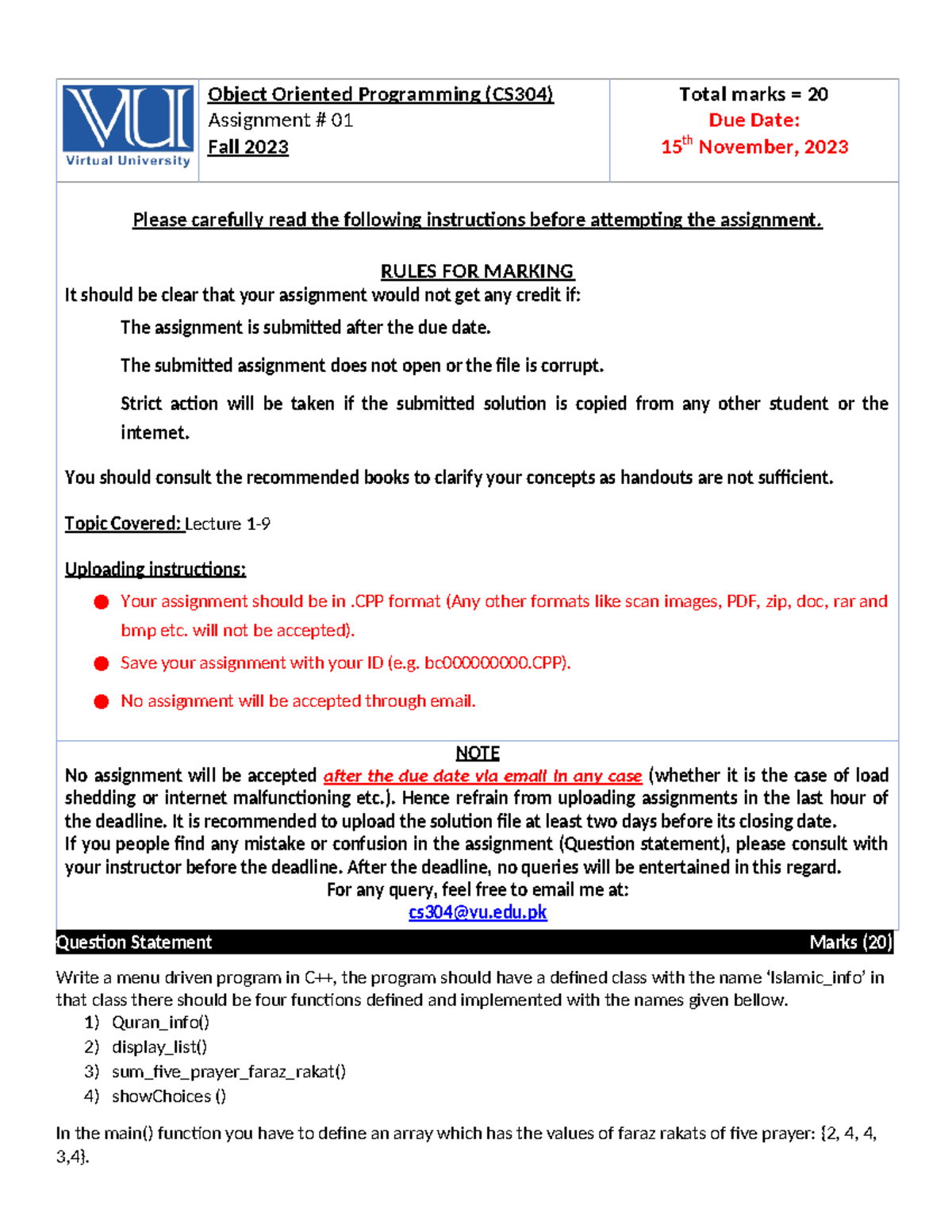 Fall 2023 CS401 - Object Oriented Programming (CS304) Assignment # 01 ...