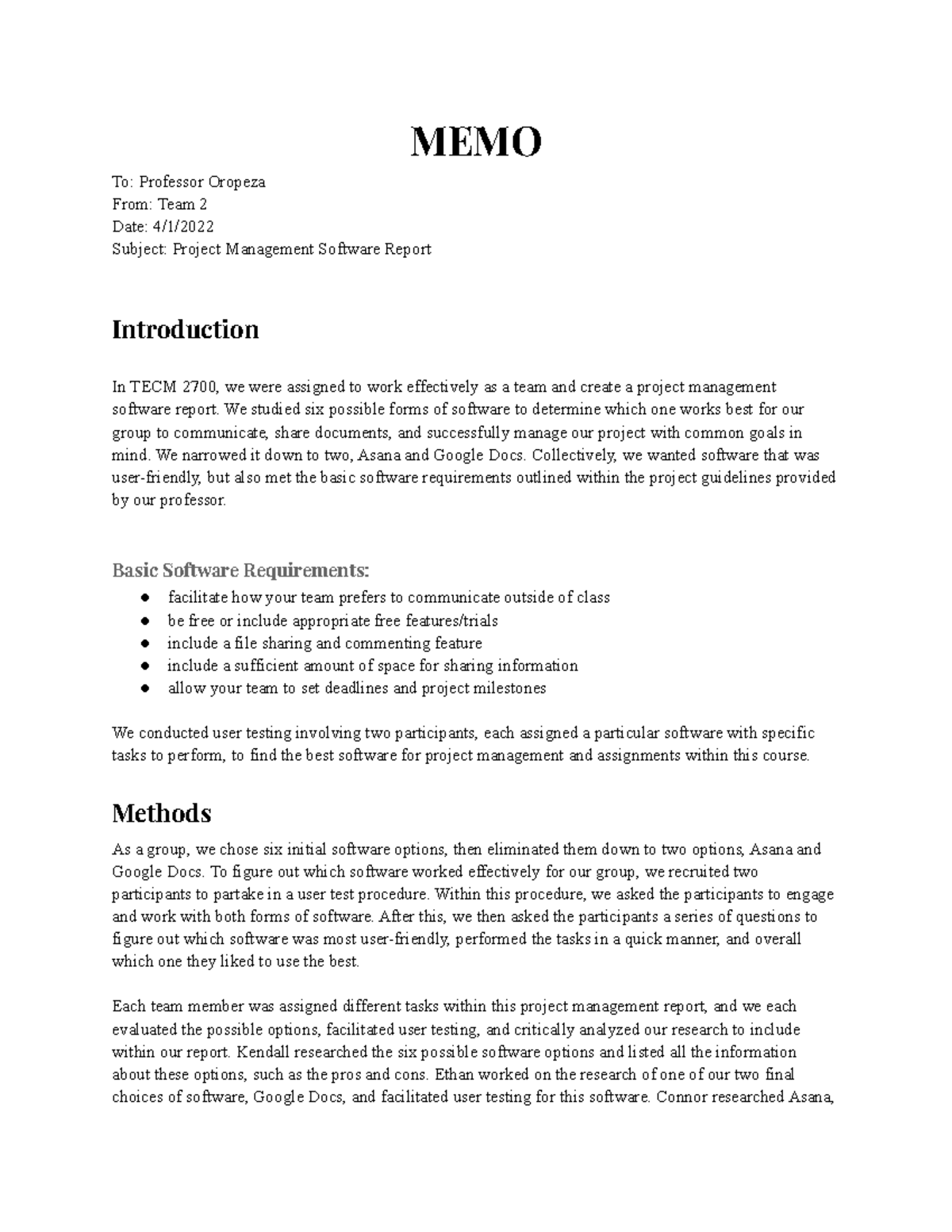 Project Management-Report - MEMO To: Professor Oropeza From: Team 2 ...