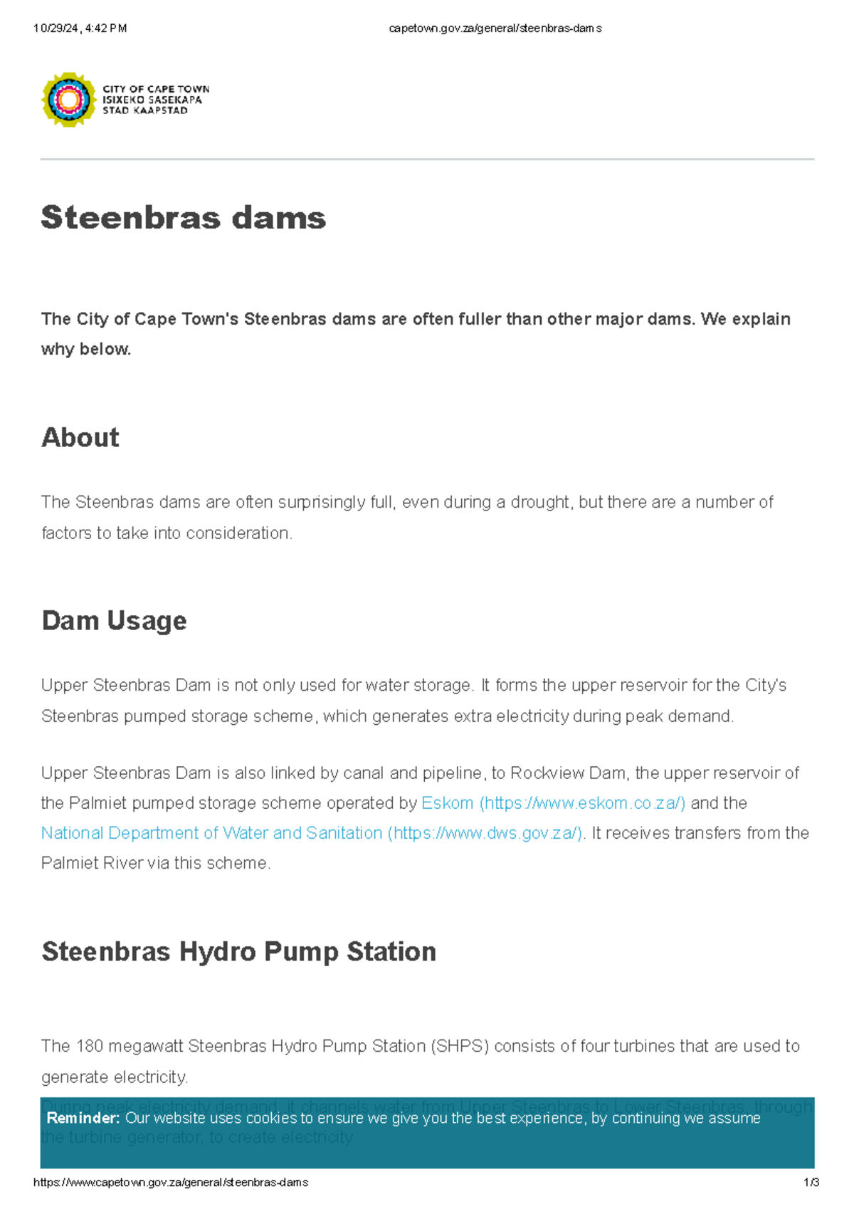 Capetown - Integrated water supply - Steenbras dams The City of Cape ...