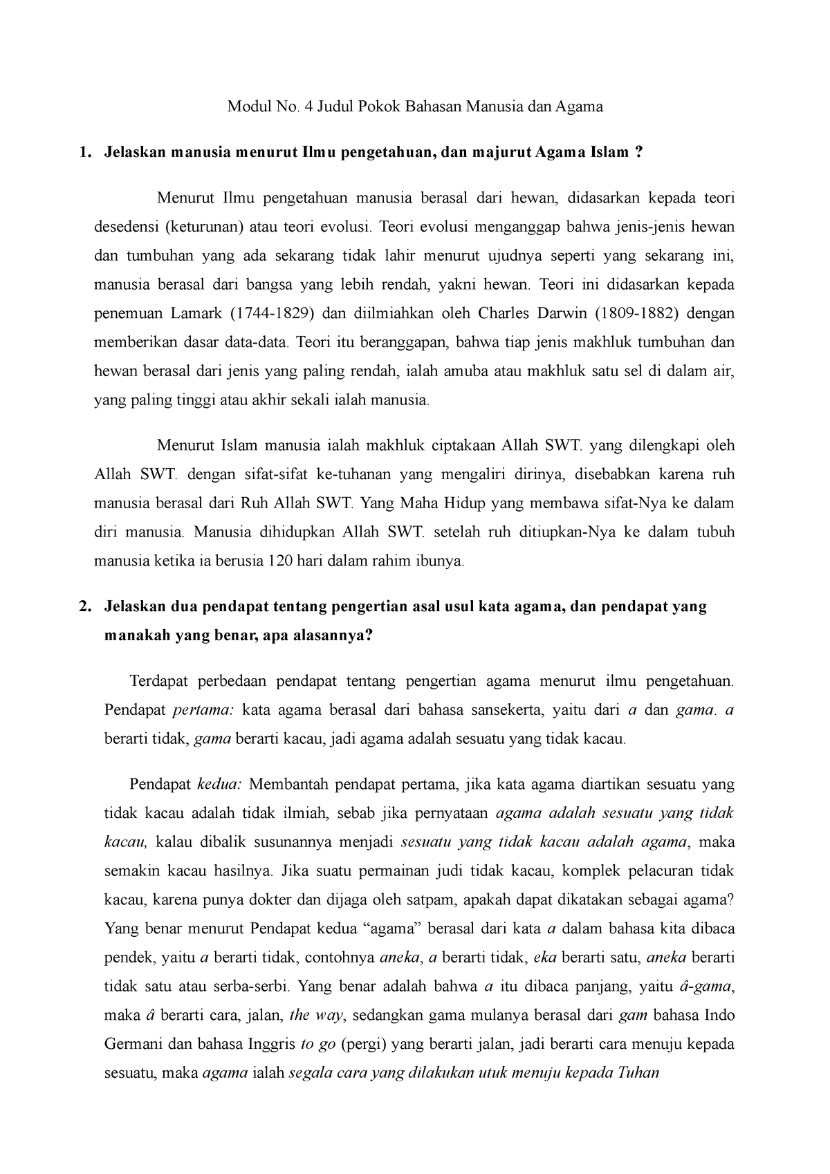 Manusia Dan Agama - Modul No. 4 Judul Pokok Bahasan Manusia Dan Agama 