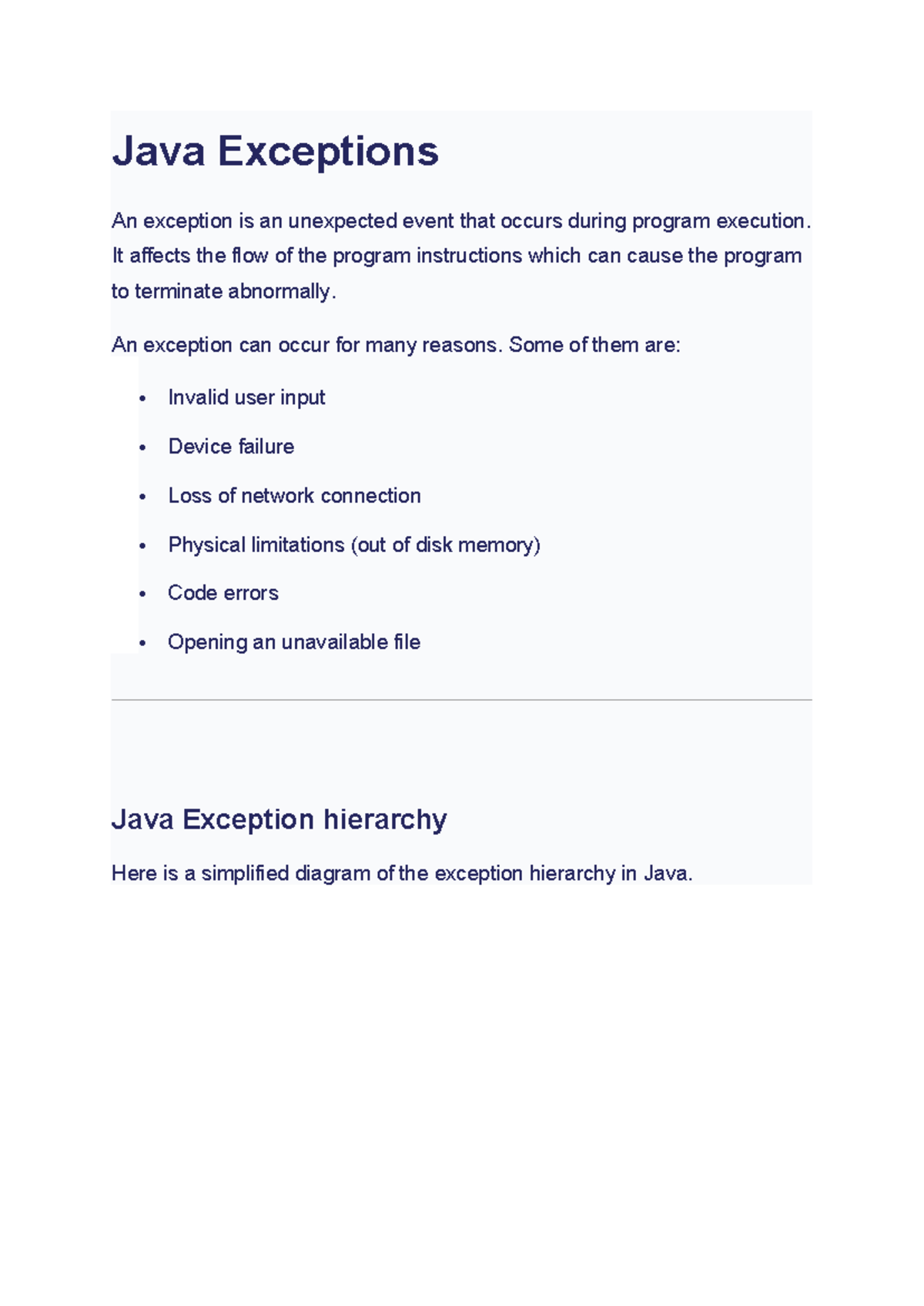 Exception - notes - Java Exceptions An exception is an unexpected event ...