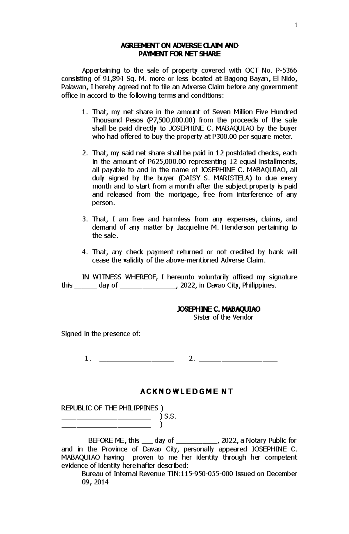 Agreement on Adverse Claim Mabacquiao and Daisy Maristela - 1 AGREEMENT ...