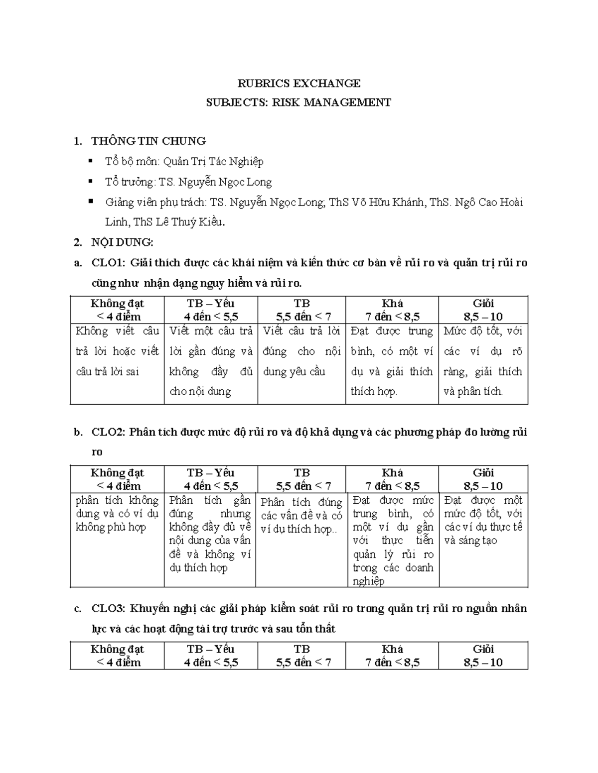 Assessment Rubrics 1 - RUBRICS EXCHANGE SUBJECTS: RISK MANAGEMENT 1 ...