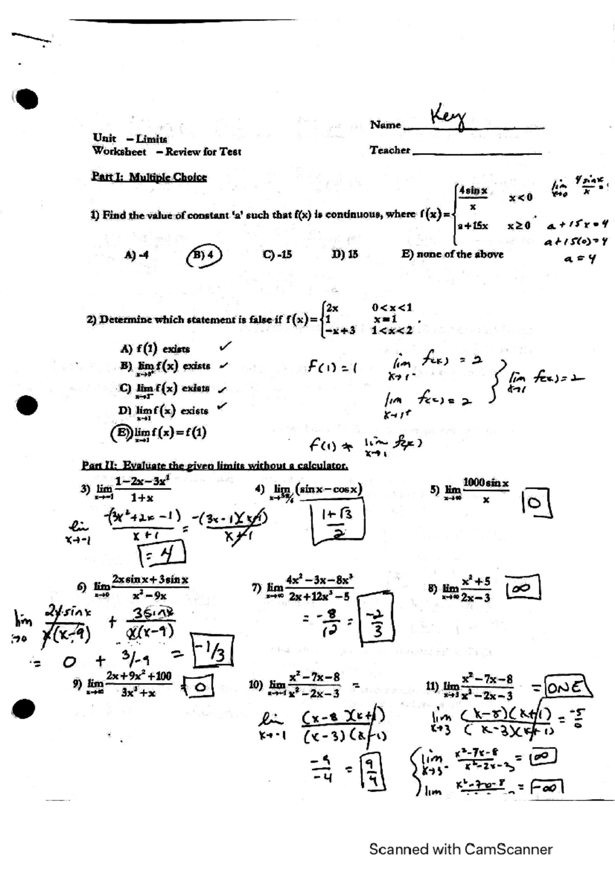 Limits Worksheet KEY - Studocu