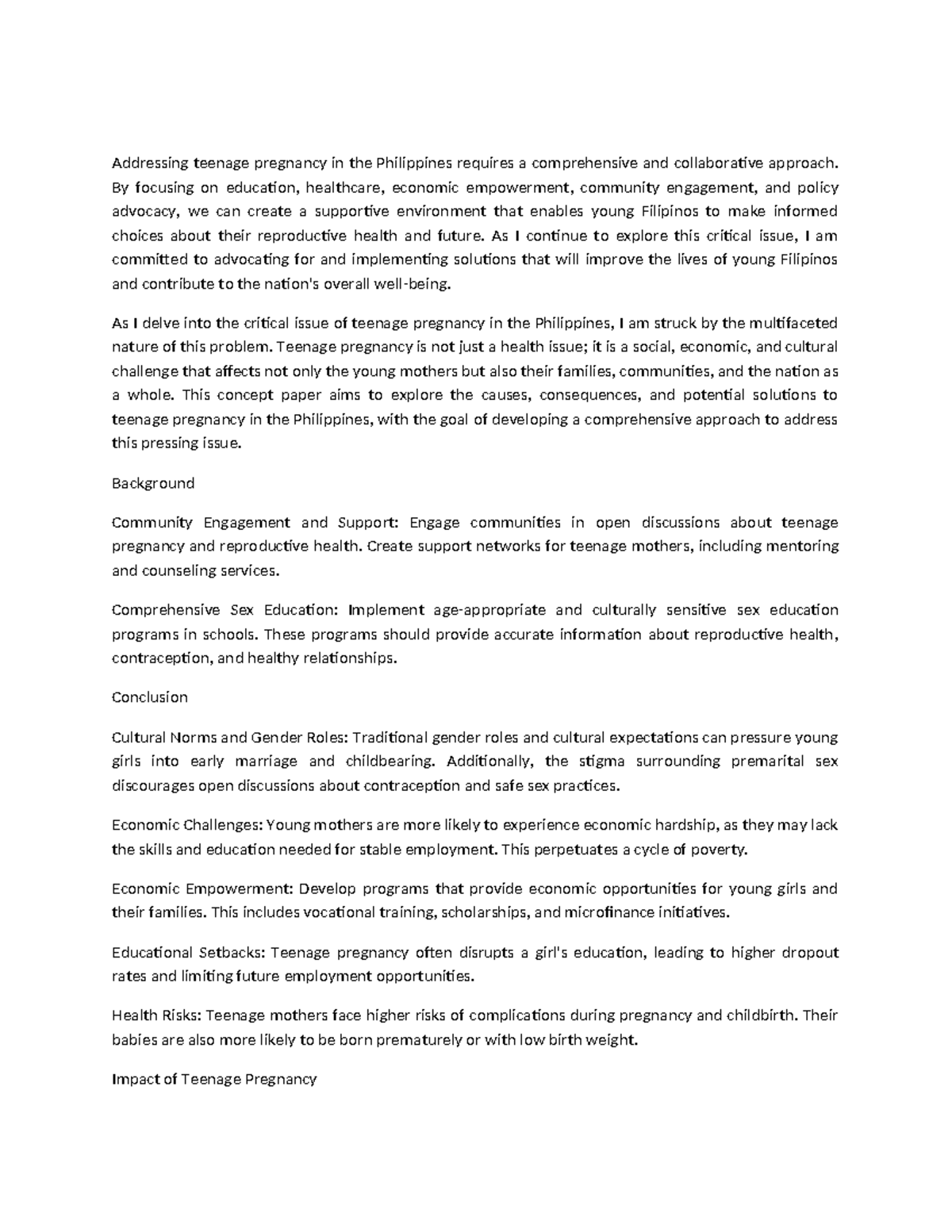 Adressing Teenage Pregnancy in the Philippines and its effect ...