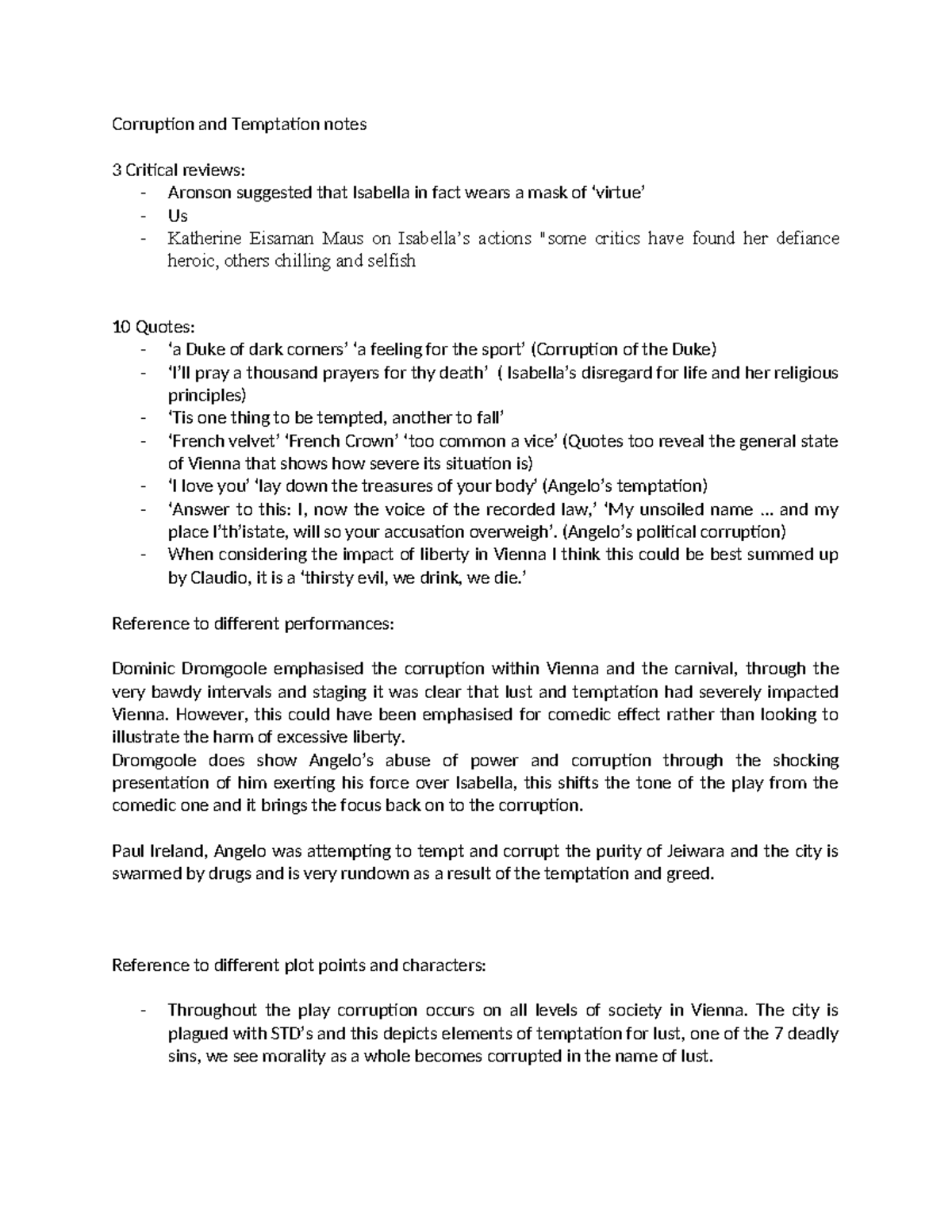 Notes measure for measure on Corruption and Temptation - Corruption and ...