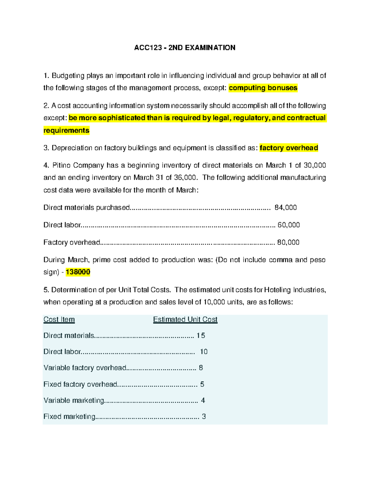 (quiz8) - hi love - ACC123 - 2ND EXAMINATION Budgeting plays an ...