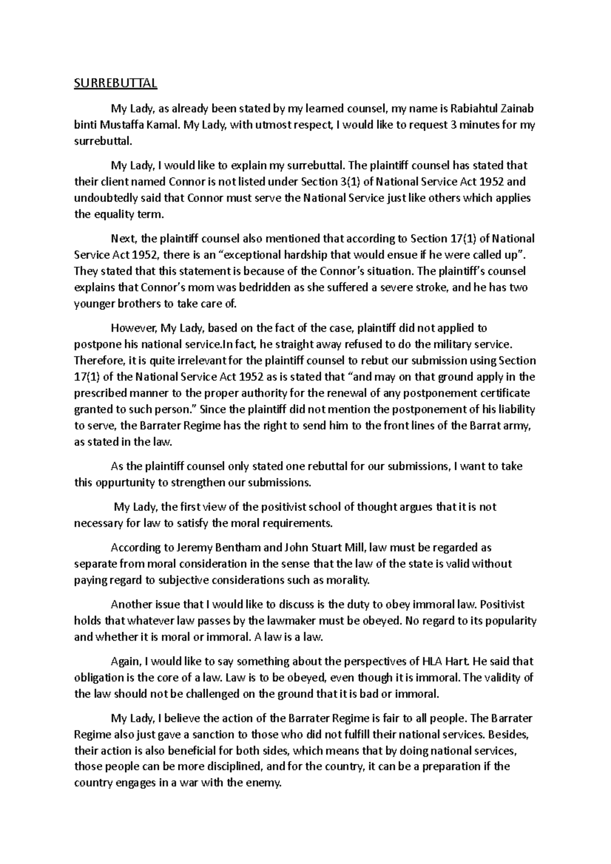 Surrebuttal Mooting Script - SURREBUTTAL My Lady, as already been ...