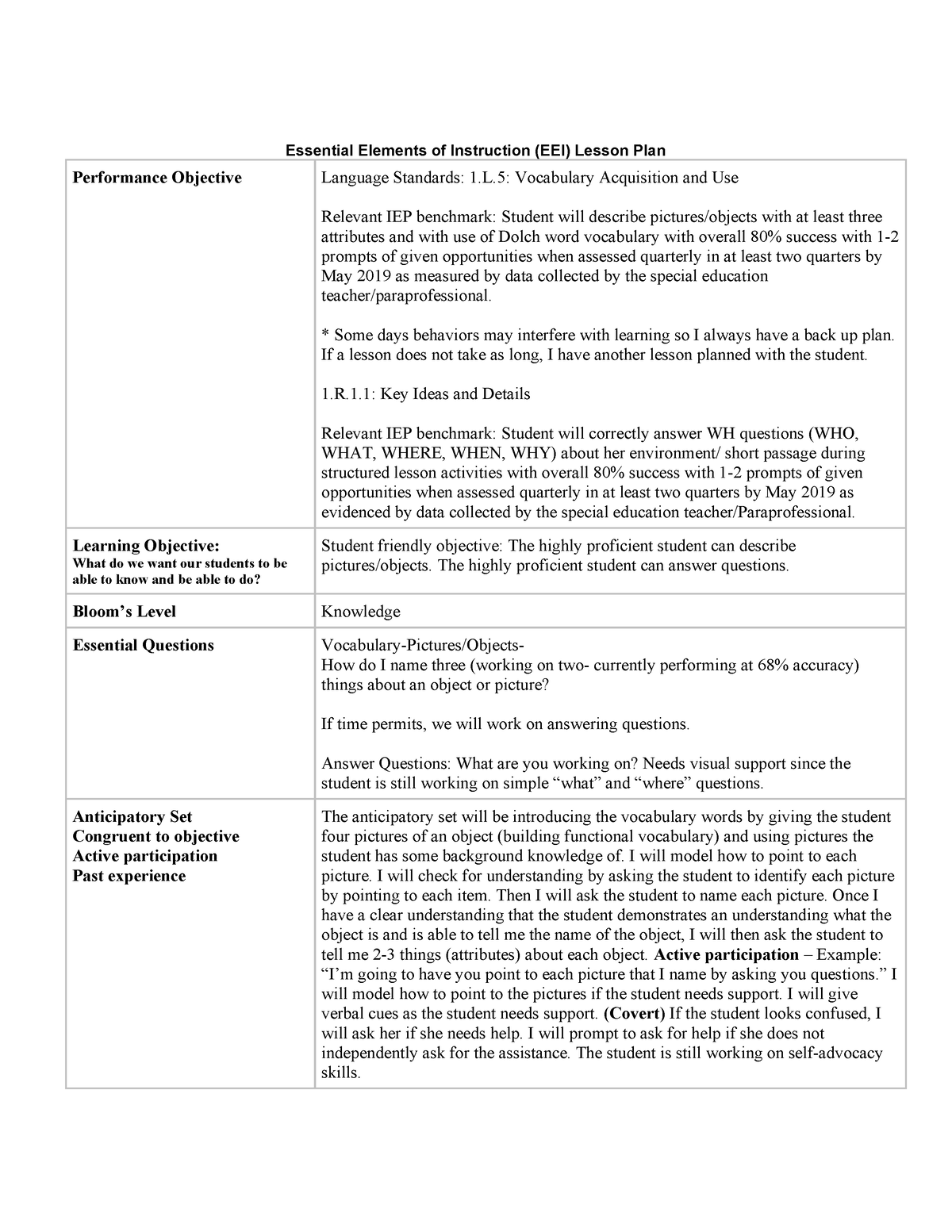 EEI Lesson Plan for WH Questions - Essential Elements of Instruction ...