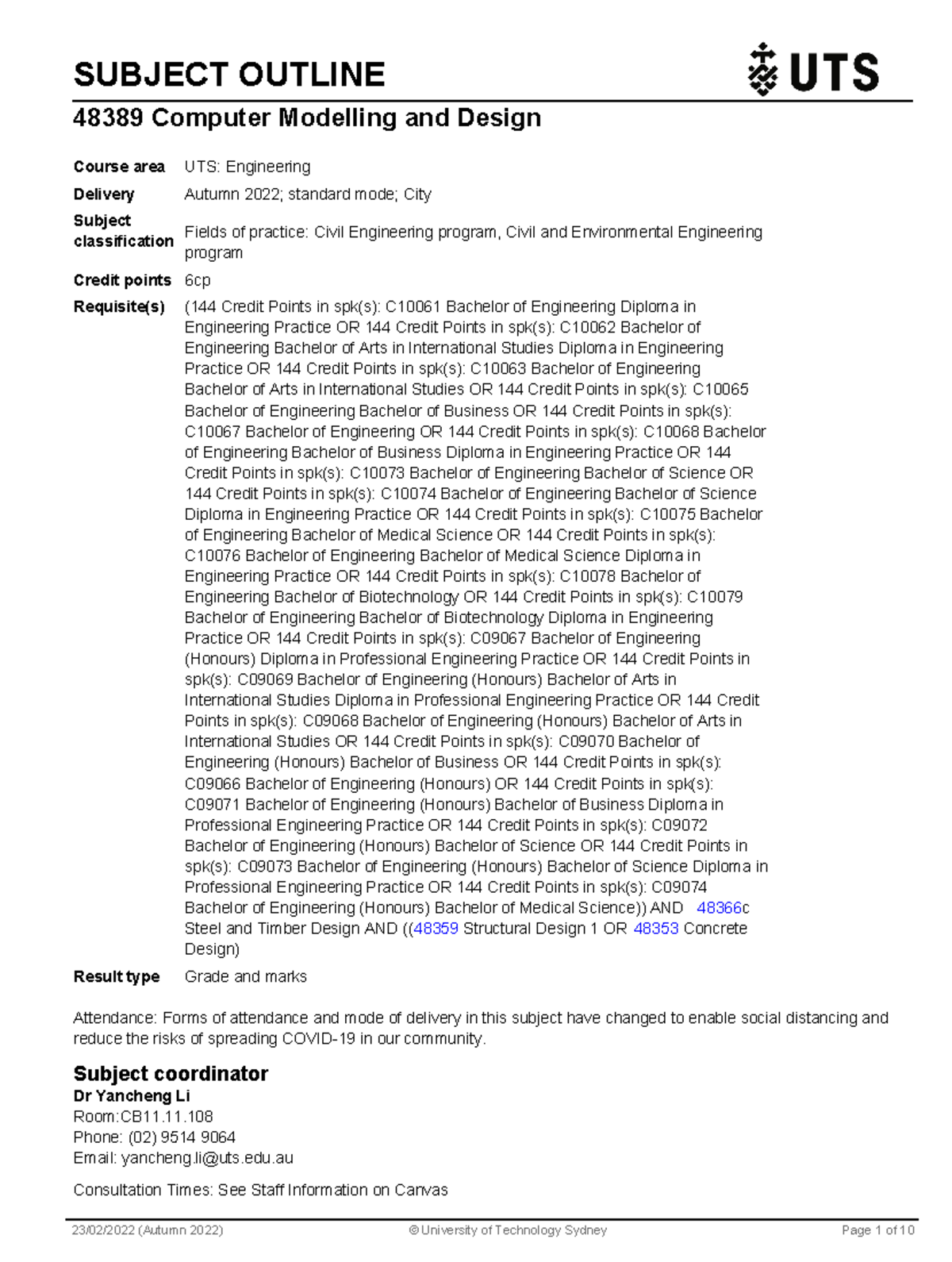 48389 Computer Modelling and Design Subject Outline Autumn 2022 ...