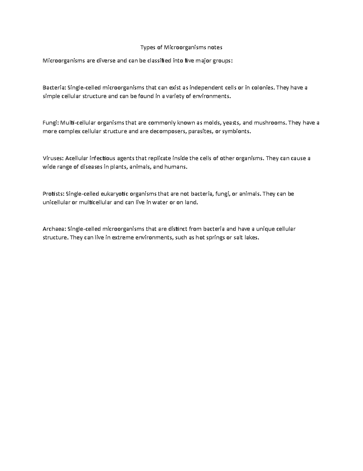 Types of Microorganisms notes - Microorganisms are diverse and can be ...
