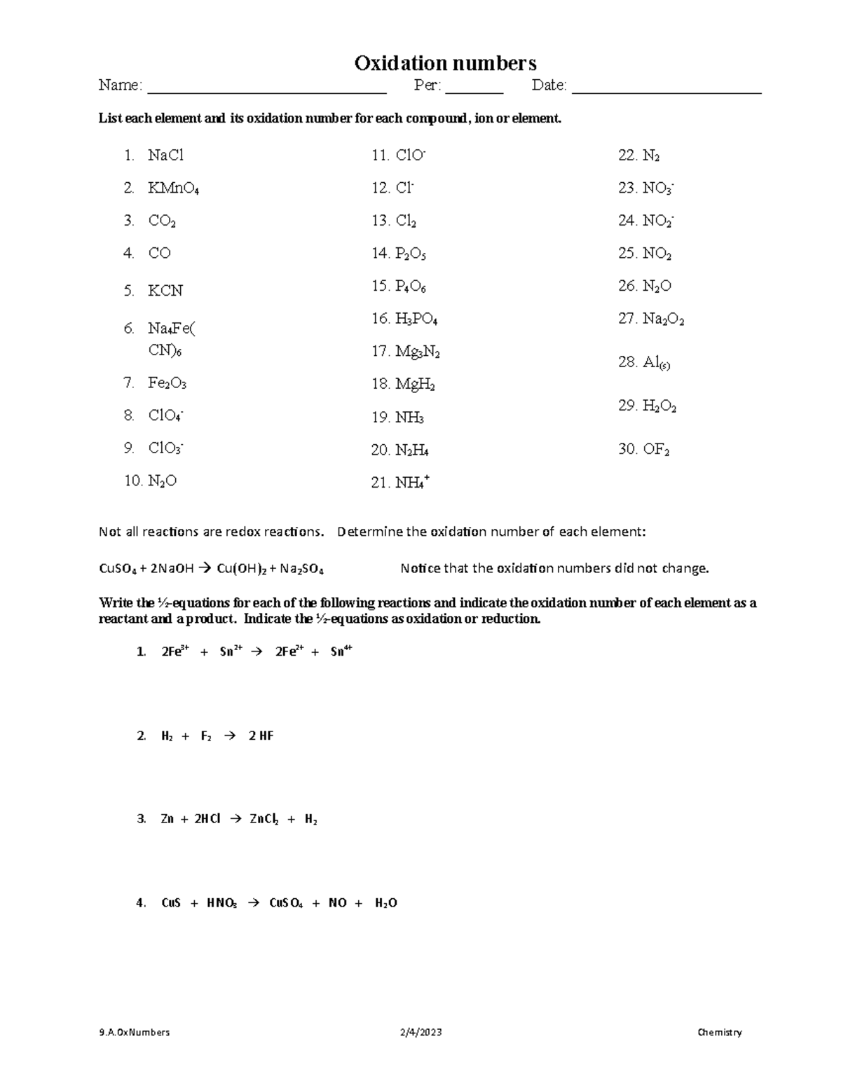 9 - ................ - Oxidation numbers Name ...