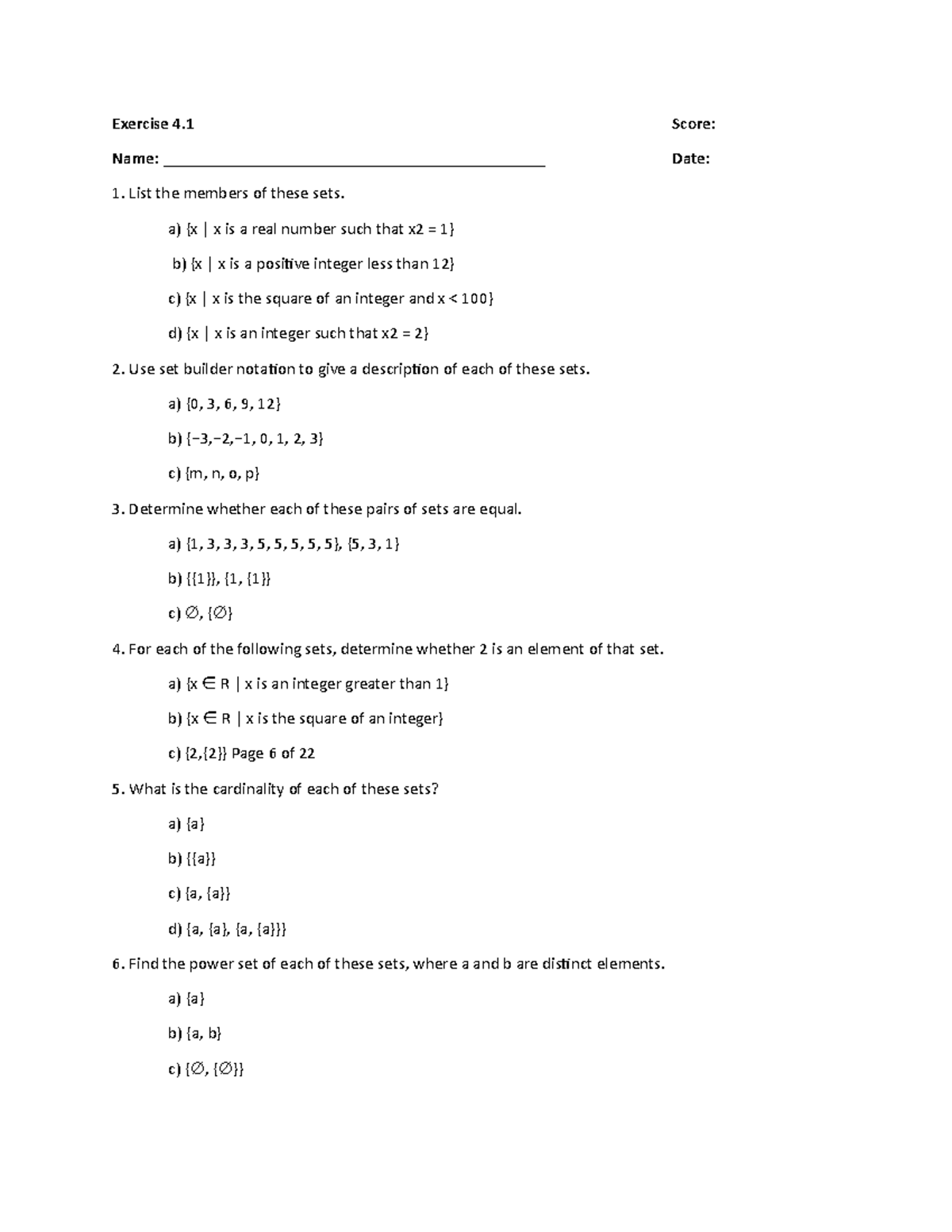 Exercise 4 Week 4 - DISCRETE MATHEMATICS - Exercise 4 Score: Name ...