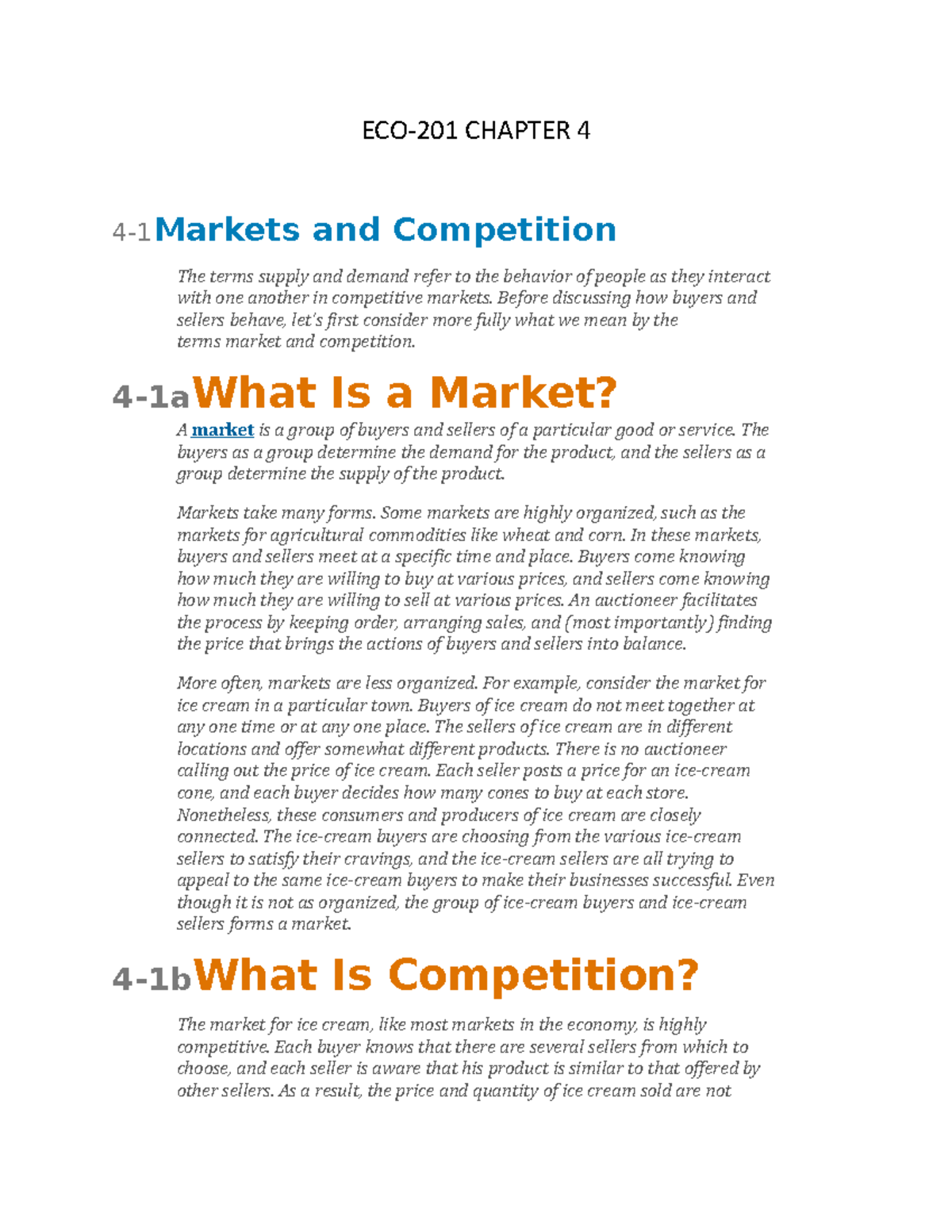 ECO CHP 4 - Copy - bye - ECO-201 CHAPTER 4 4-1Markets and Competition ...