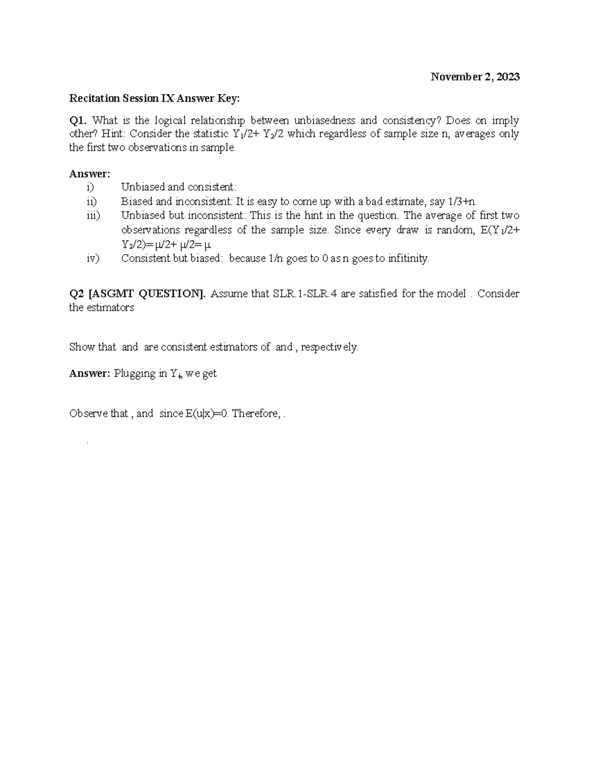Recitation Session IX Answer Key - November 2, 2023 Recitation Session ...