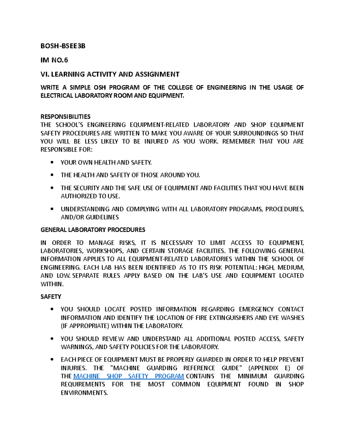 BOSH - Activities - BOSH-BSEE3B IM NO. VI. LEARNING ACTIVITY AND ...