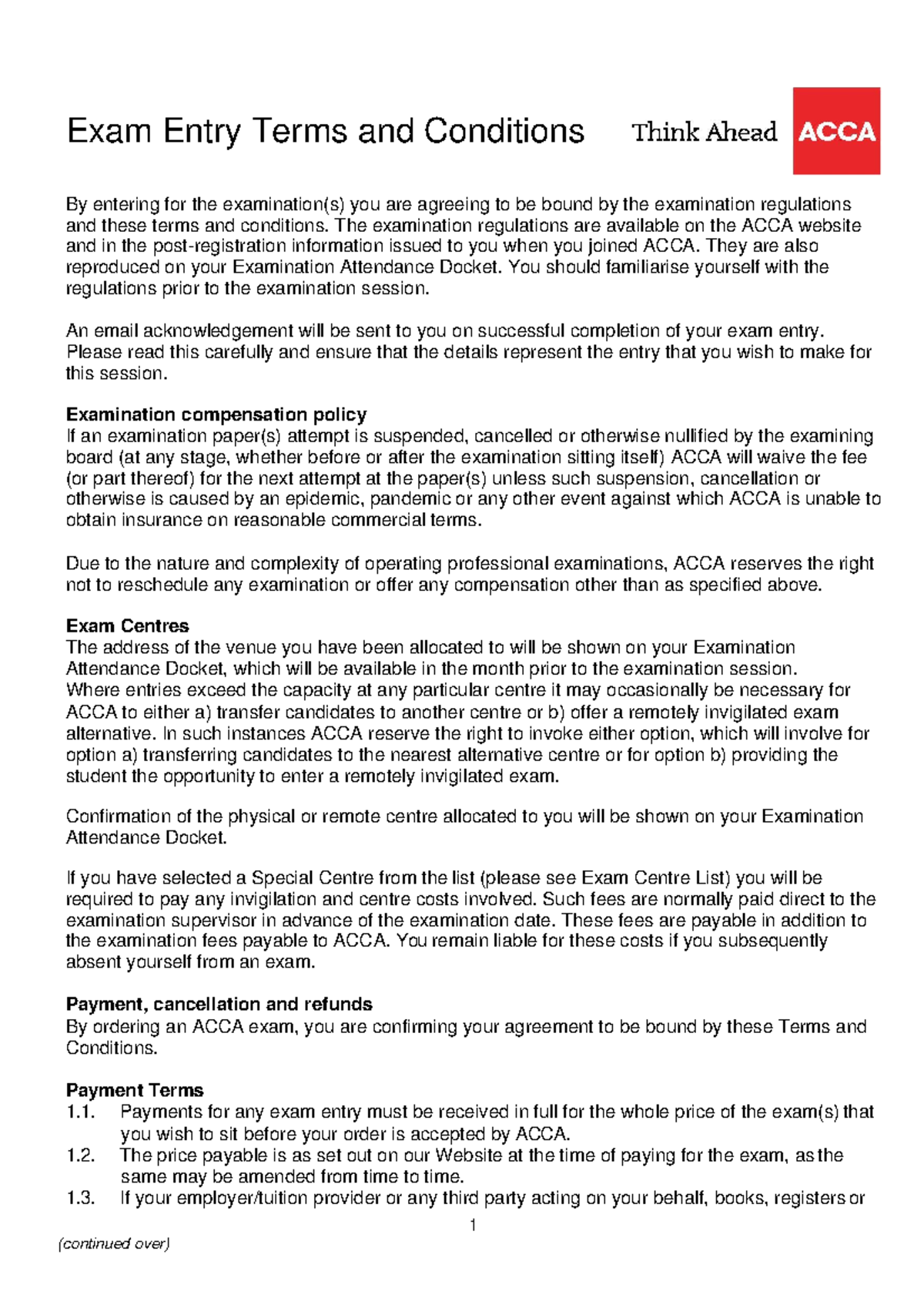 Acca exam entry terms and conditionsv 2 1 (continued over) Exam Entry
